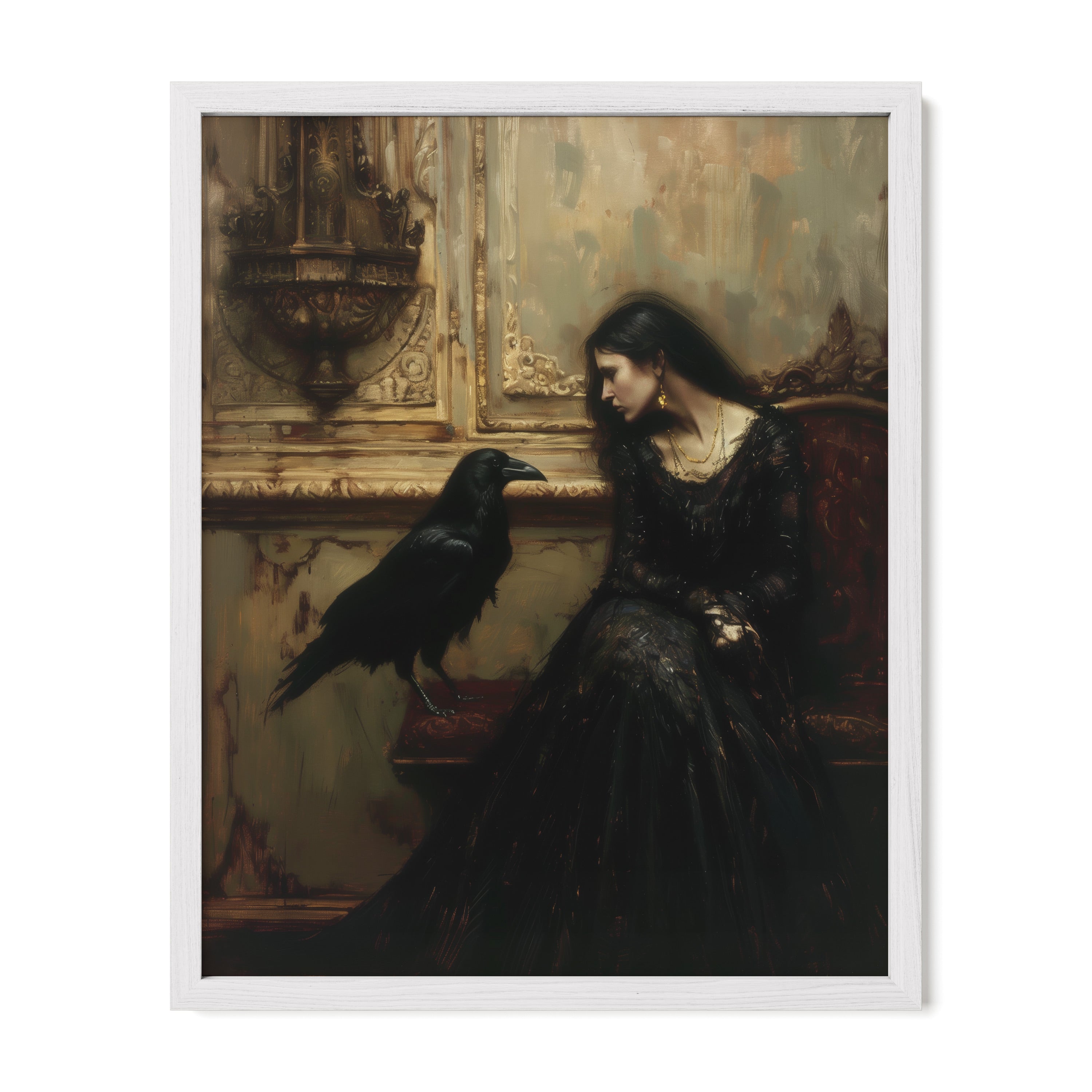 white framed gothic raven portrait wall art print