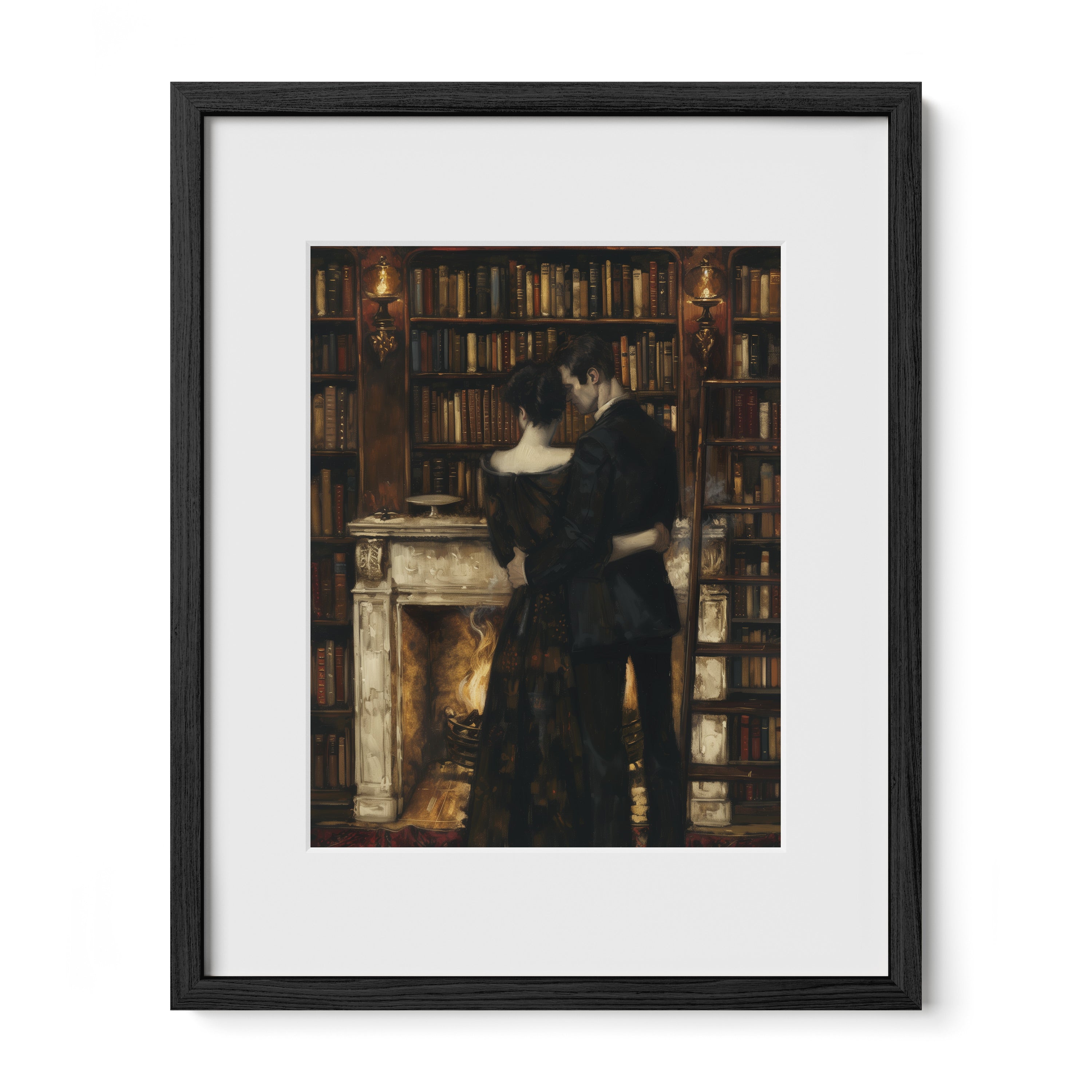 black framed dark academia couple wall art print with mat