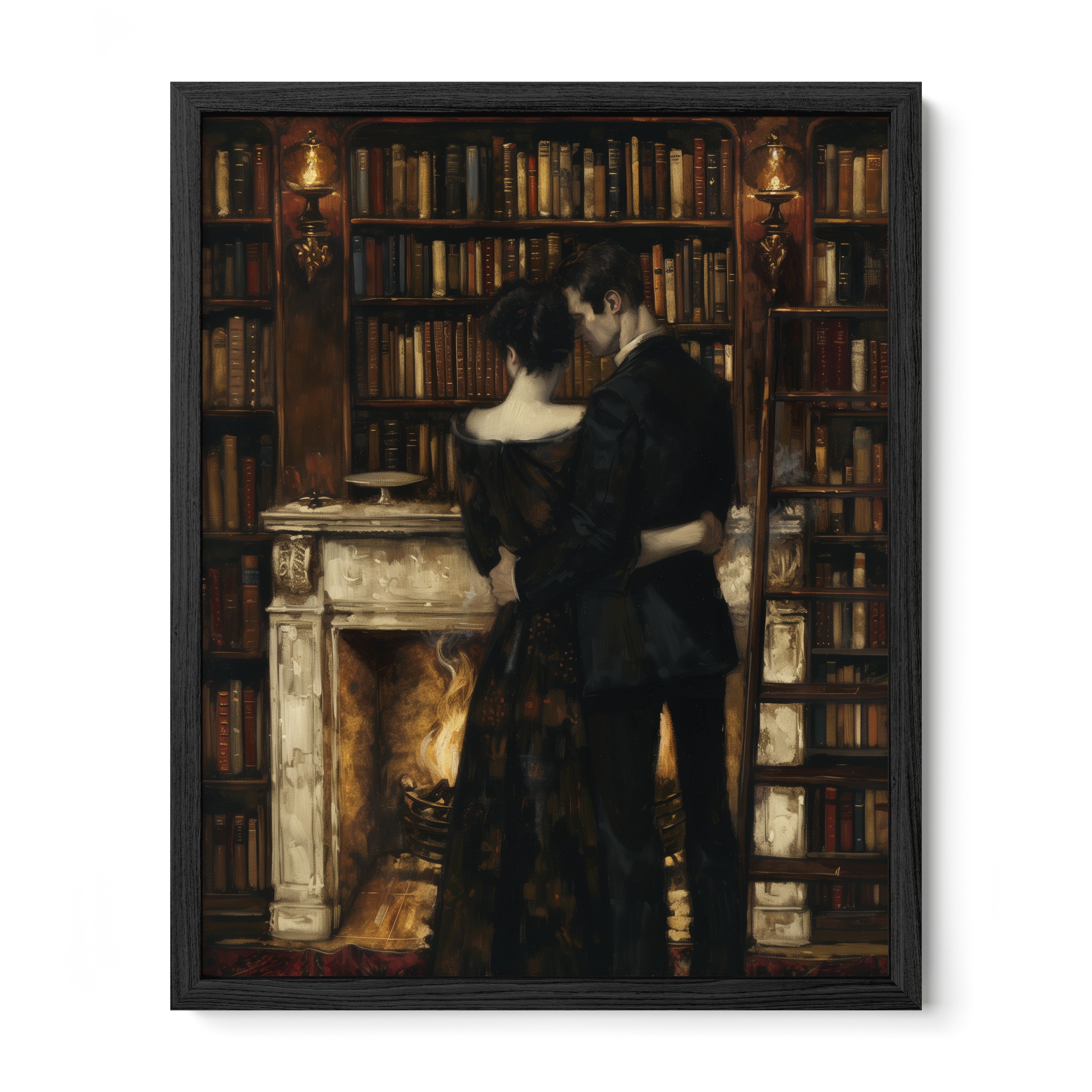 black framed romantic library wall art print