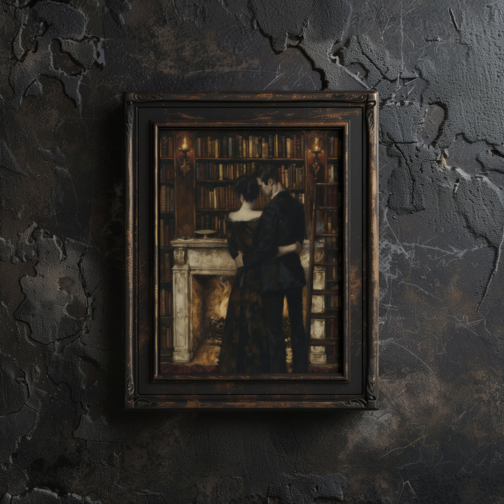 brown framed romantic library wall art print