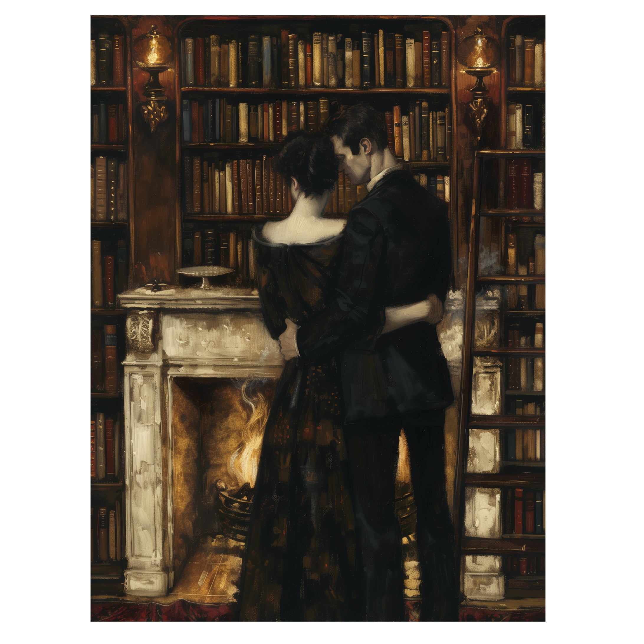 dark academia romantic library wall art print with couple beside candlelit fireplace