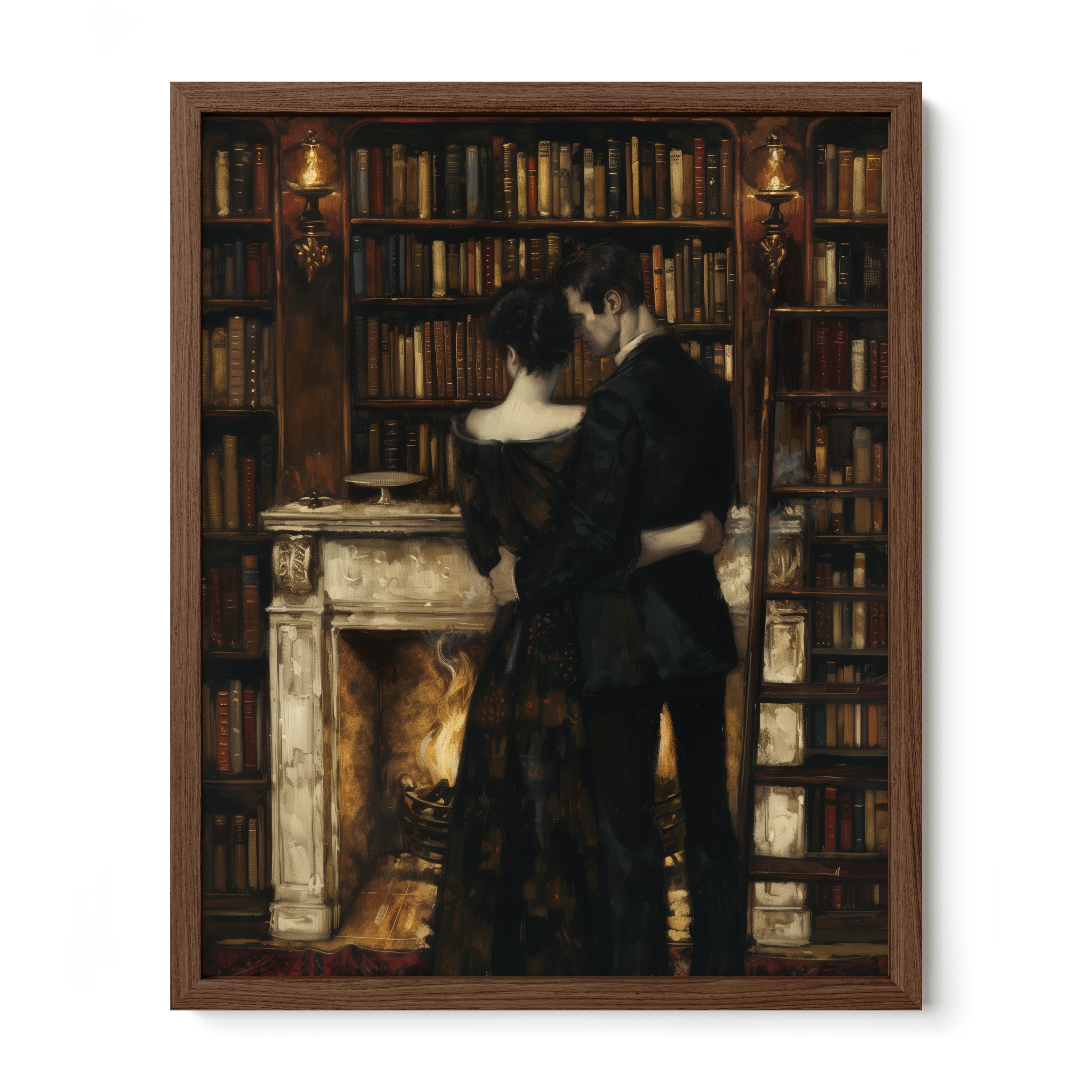 walnut framed gothic romantic library wall art print