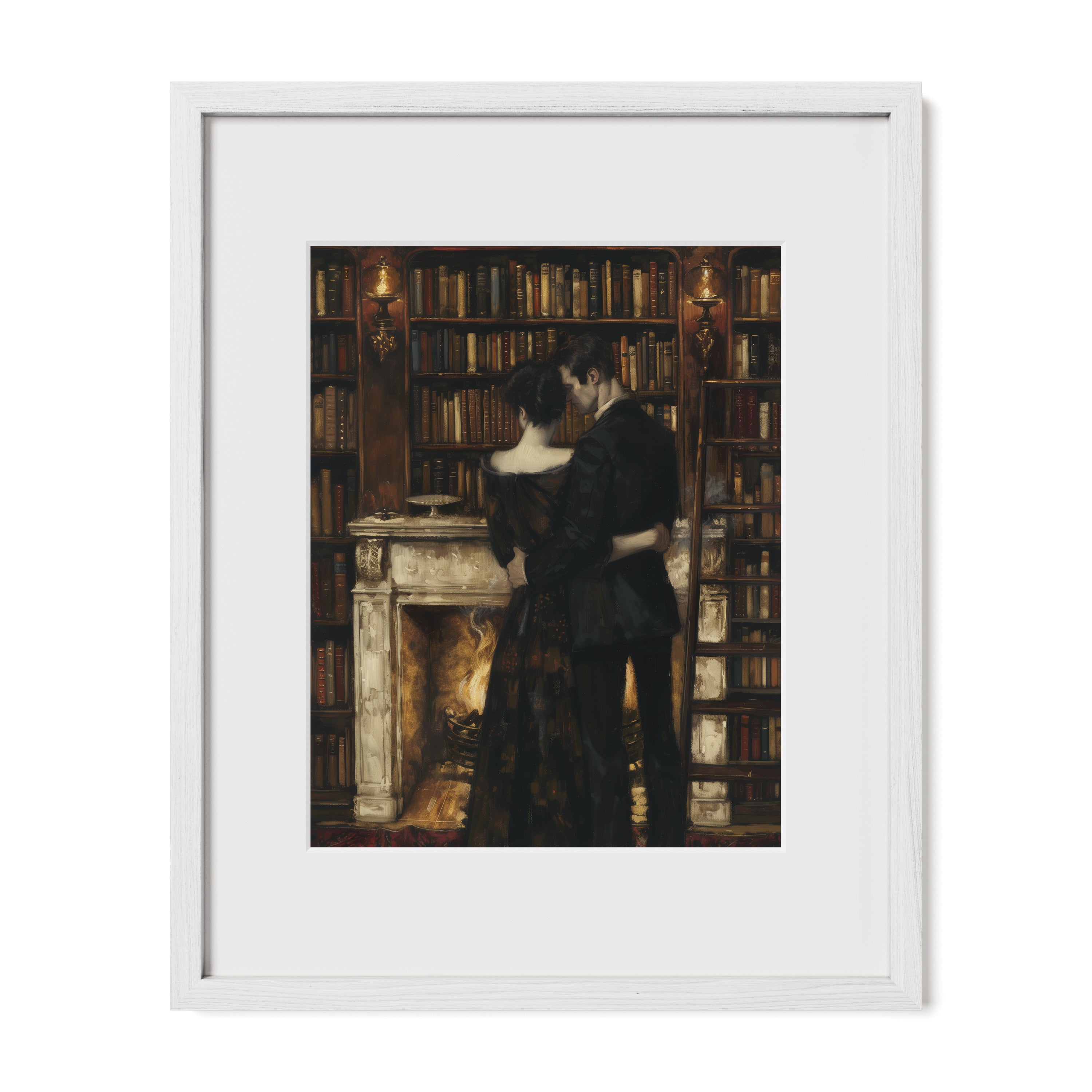 white framed candlelit library love wall art print with mat