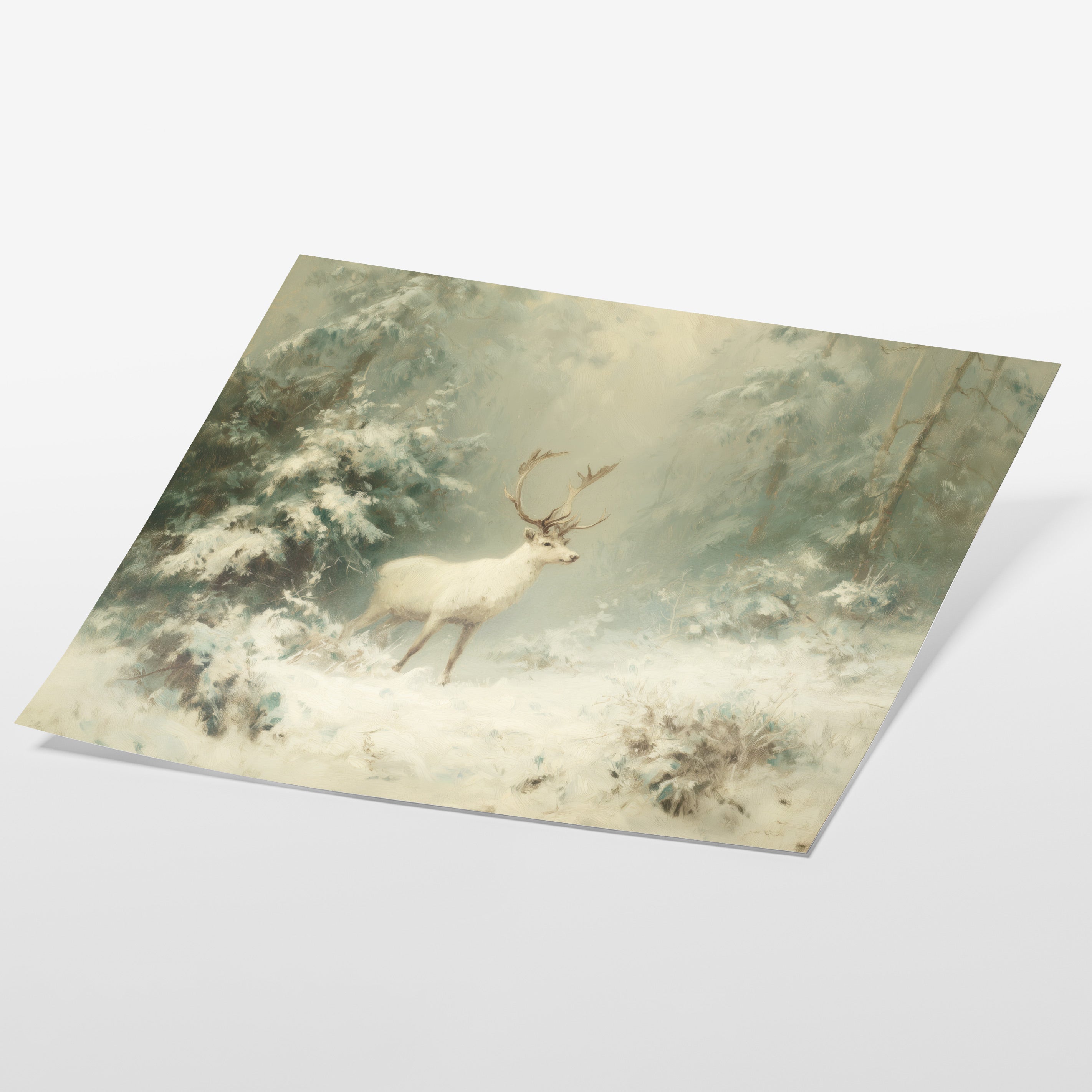 angled view of snowy stag forest fine art print