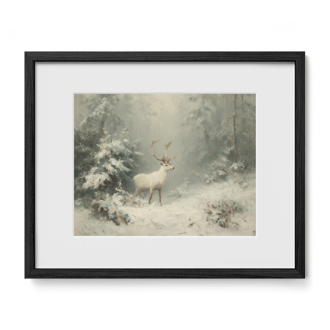 black framed winter stag wall art print with mat