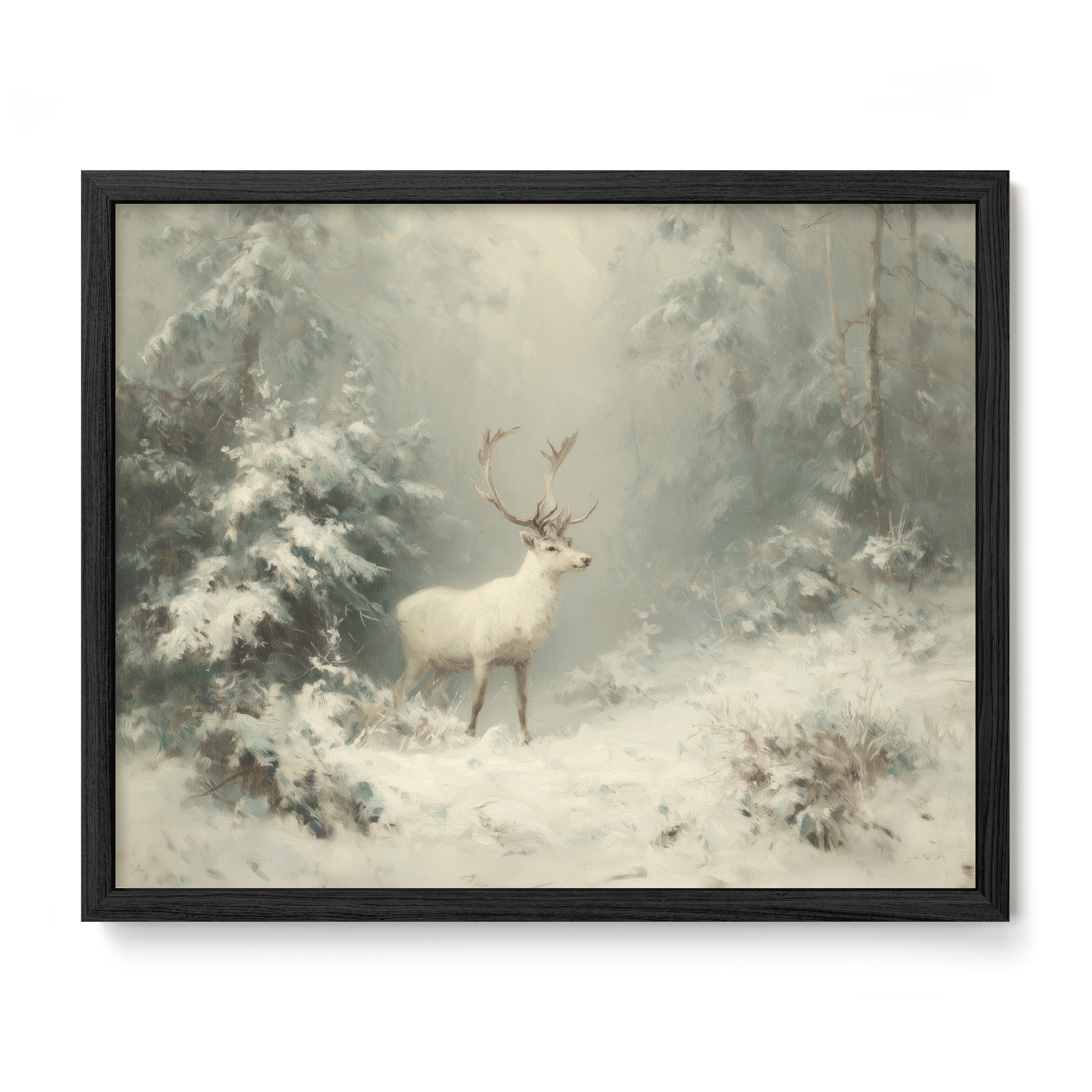 black framed snowy stag forest wall art print