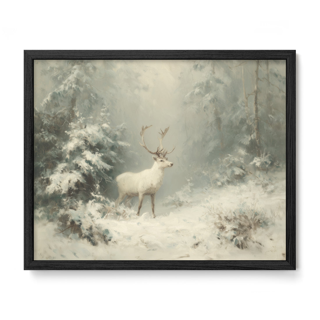 black framed snowy stag forest wall art print
