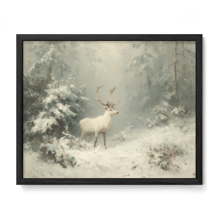black framed snowy stag forest wall art print