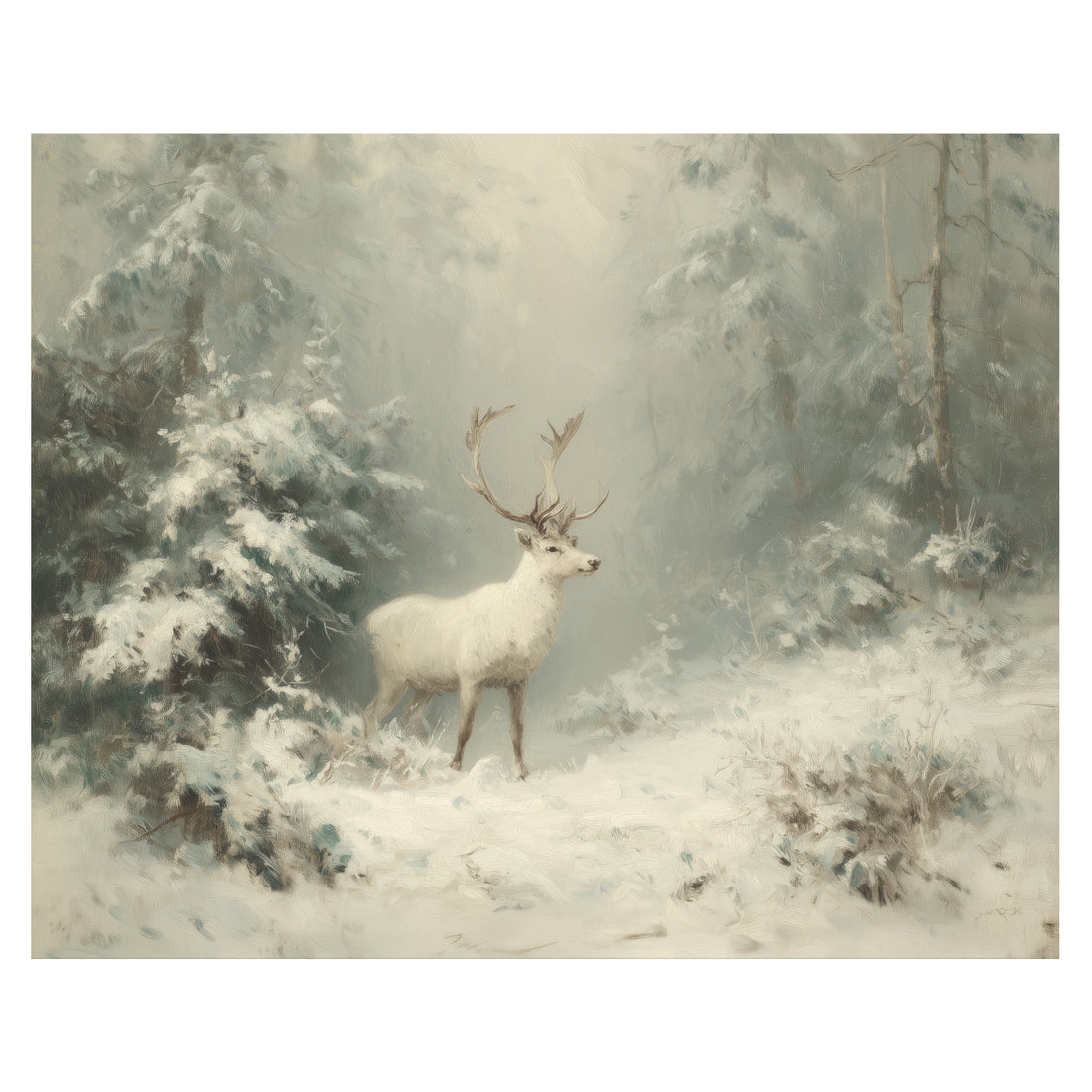 snowy stag forest wall art print with deer standing in misty winter woods