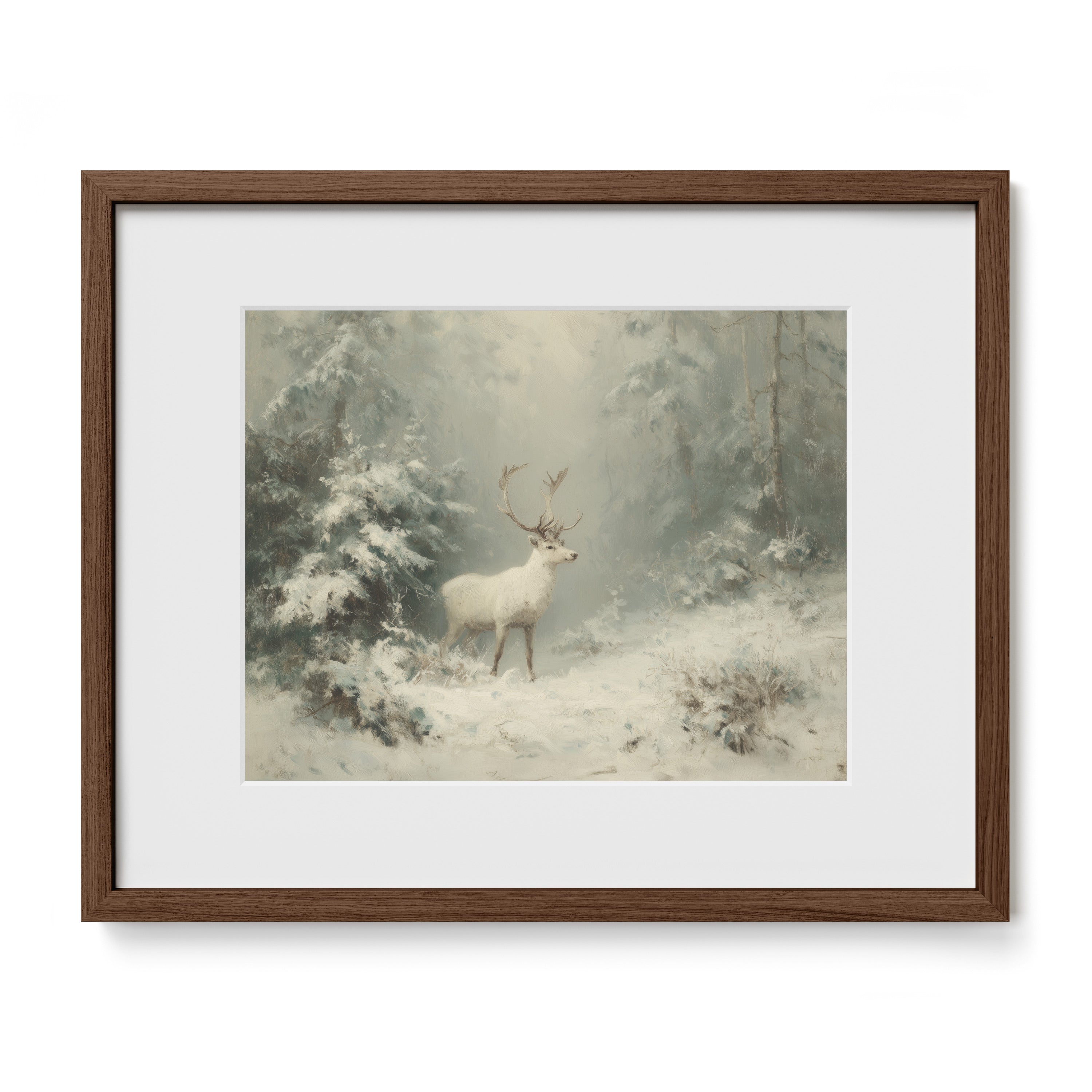 walnut framed winter woodland stag wall art print with mat