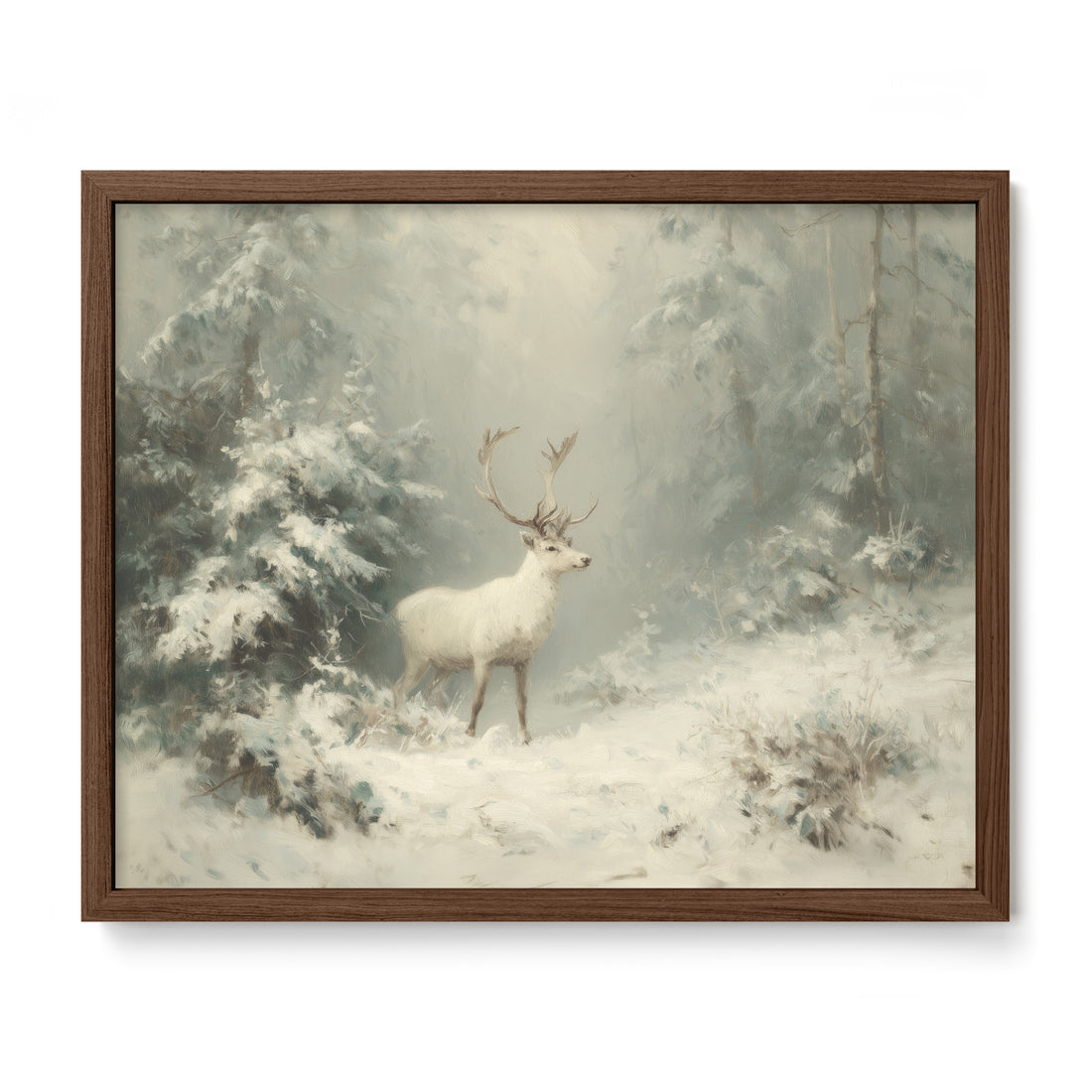 walnut framed snowy deer forest wall art print