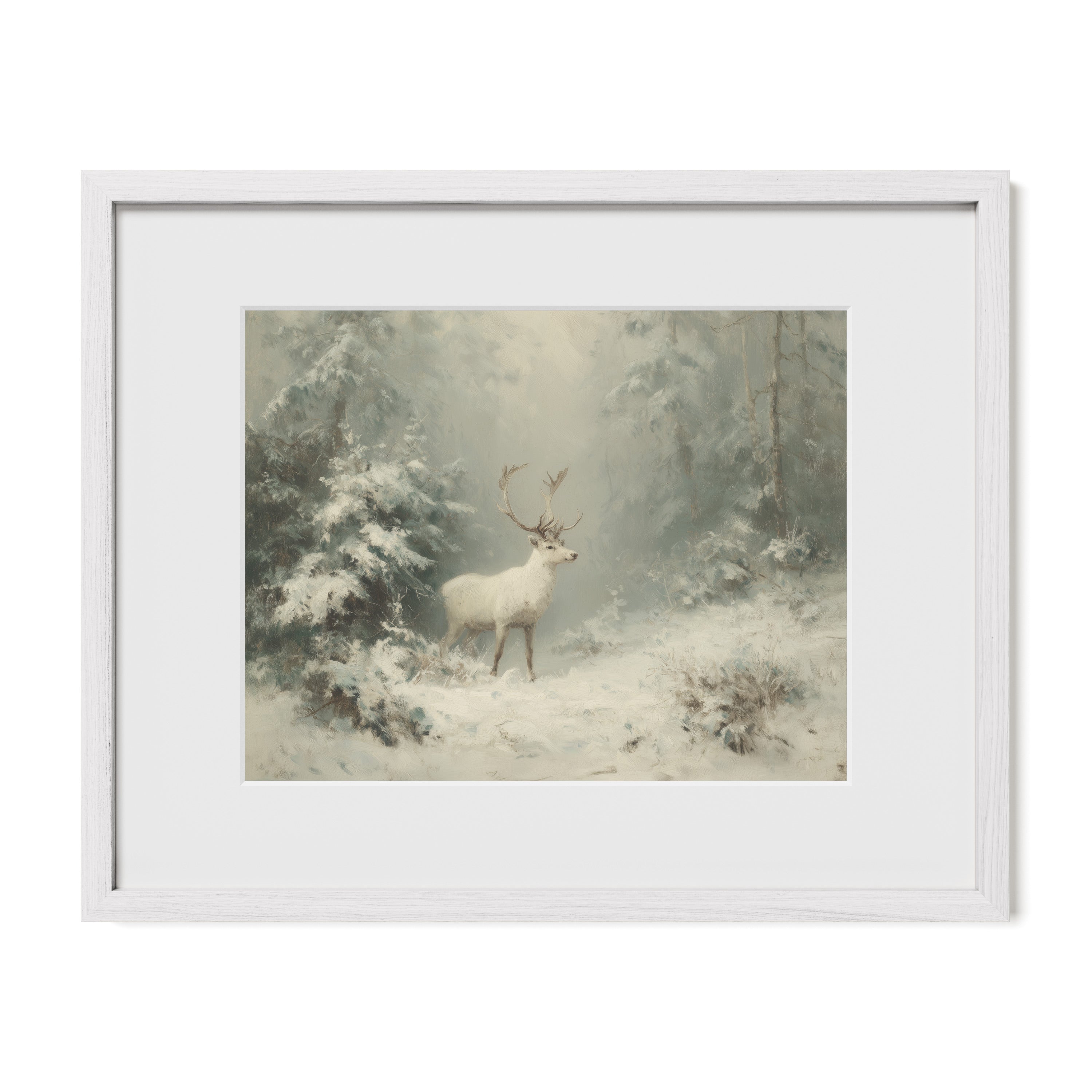 white framed winter deer wall art print with mat