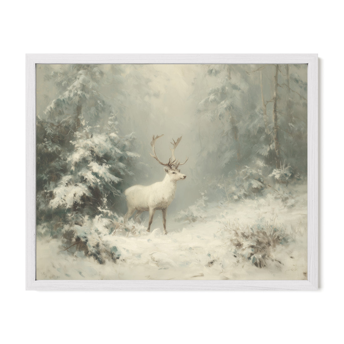 white framed snowy stag forest wall art print