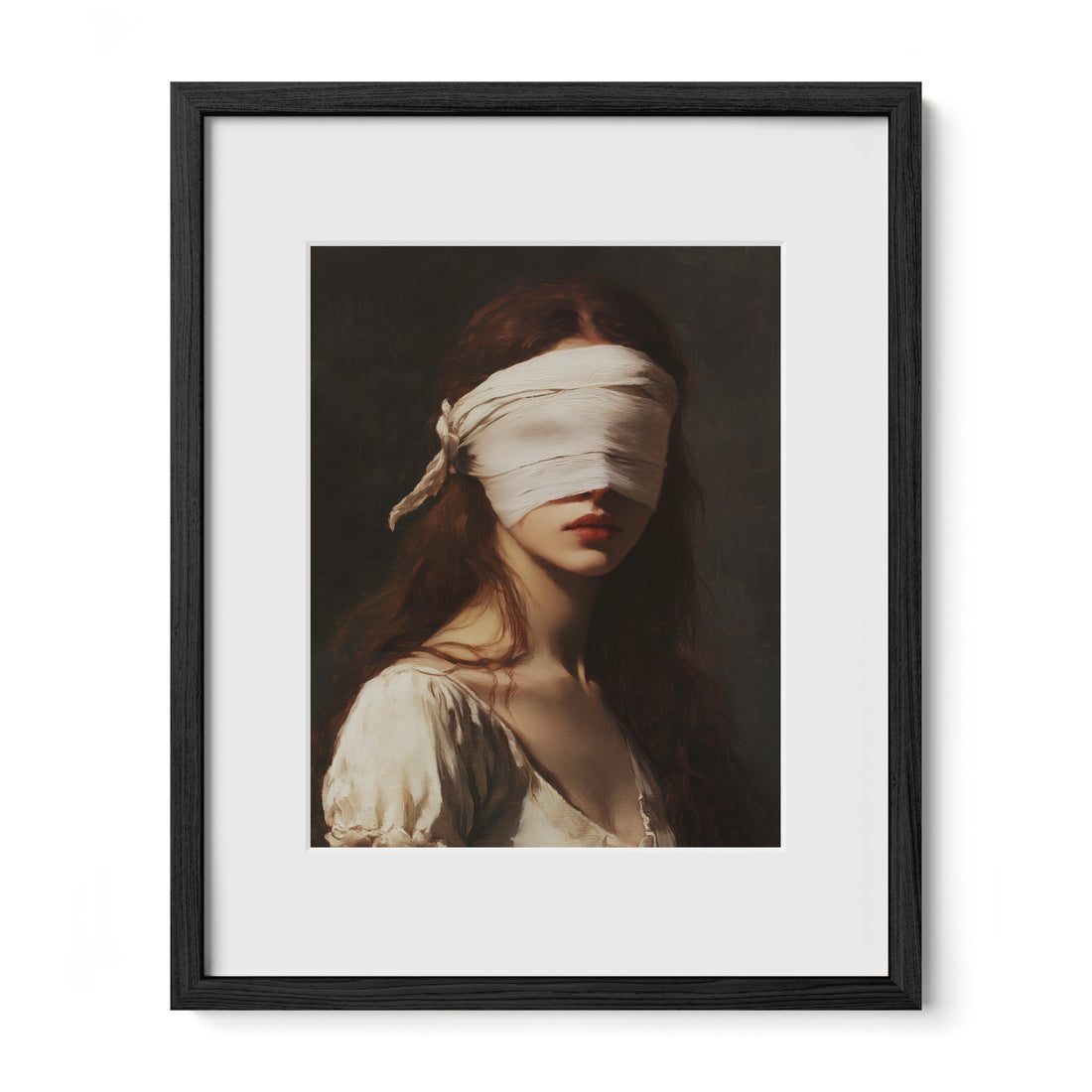 black framed dark feminine portrait wall art print with mat