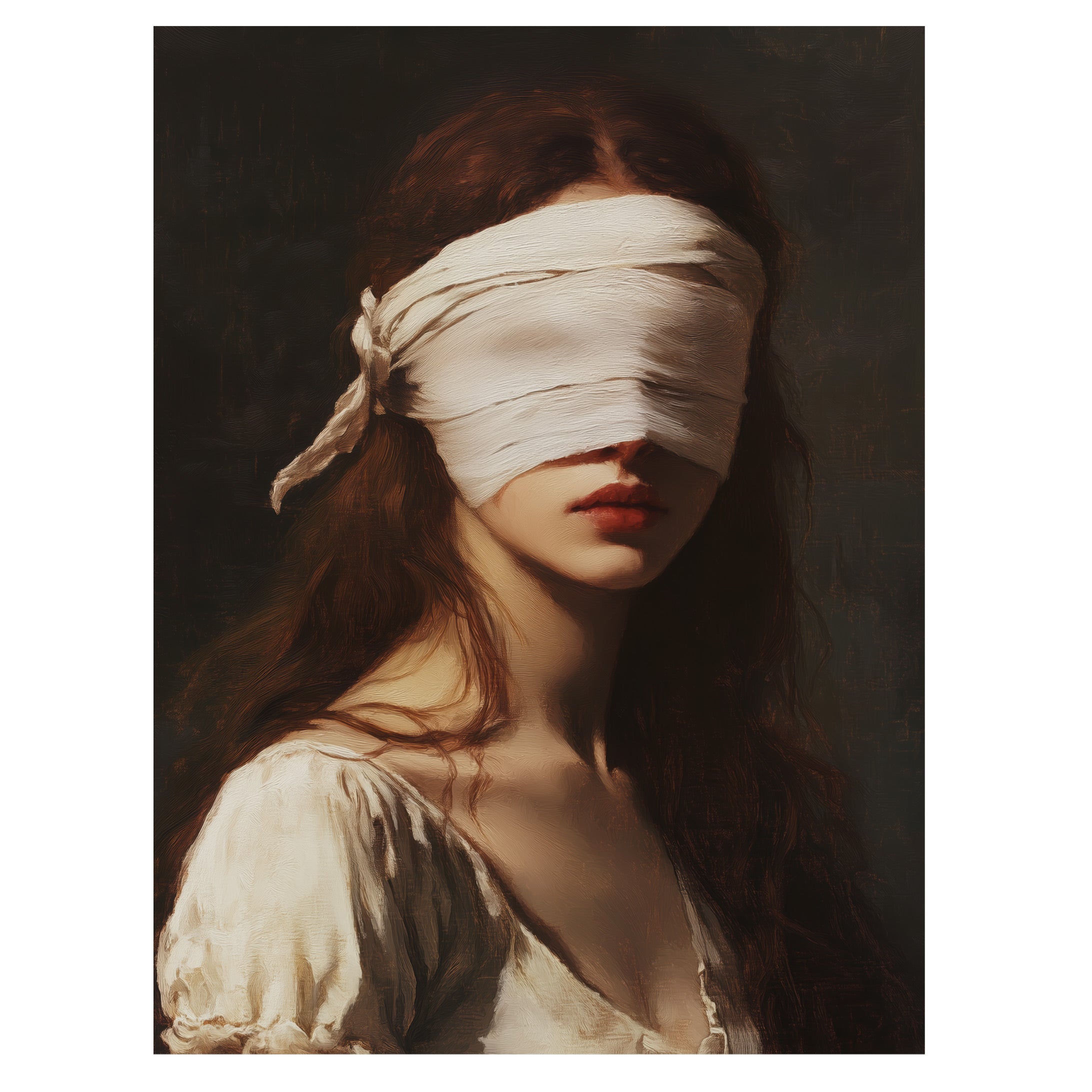 gothic blindfolded woman wall art print with dark romantic portrait
