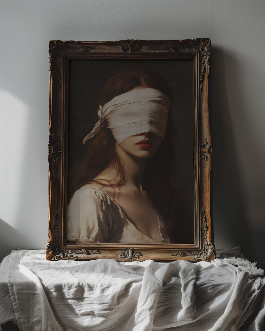 vintage framed gothic blindfolded woman wall art print