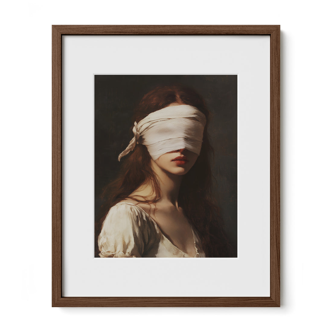 walnut framed blindfold symbolism portrait print with mat