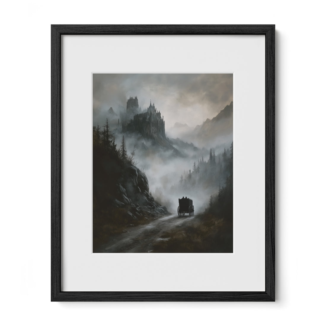 black framed nosferatu inspired castle wall art print with mat