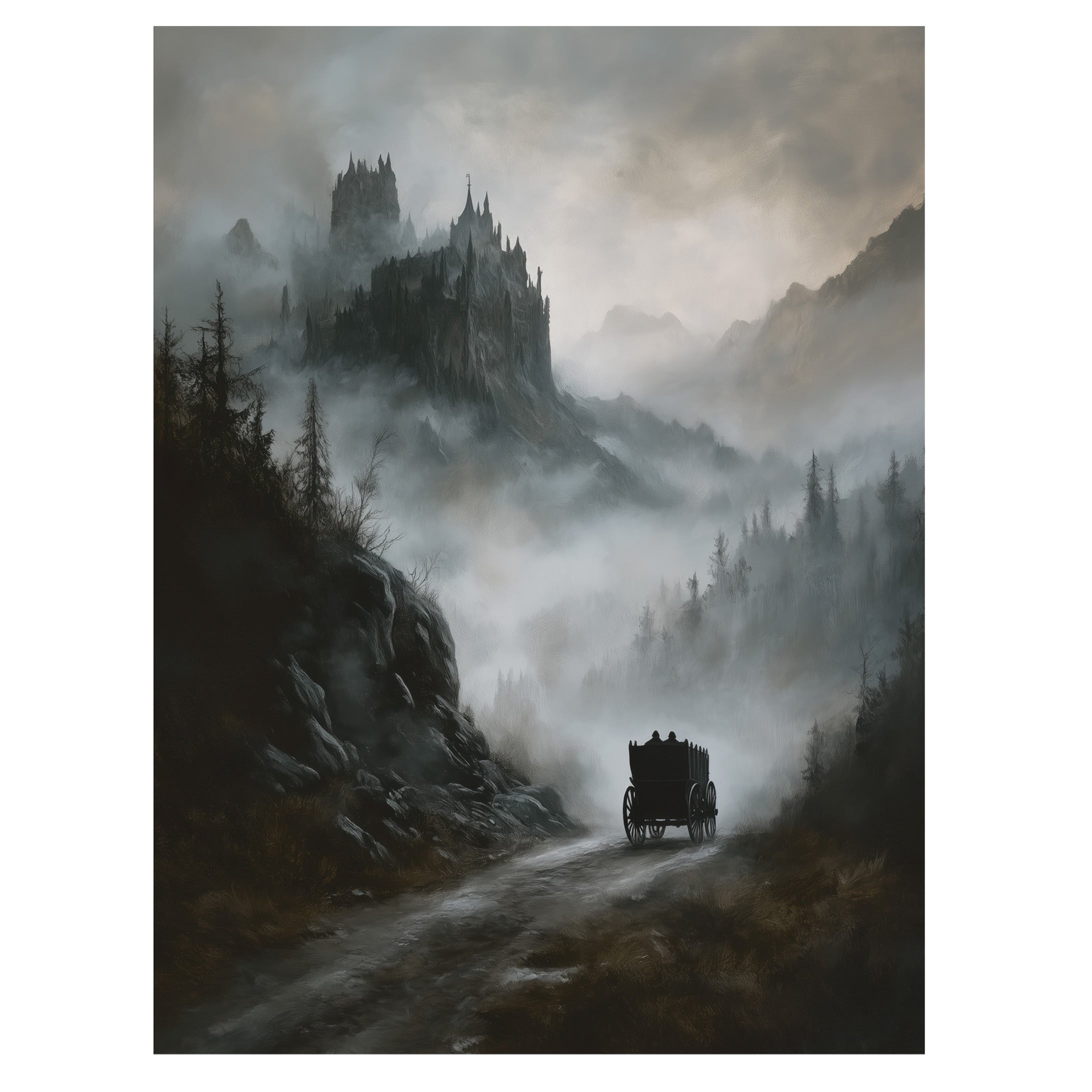 nosferatu inspired gothic castle wall art print with carriage and misty mountain road