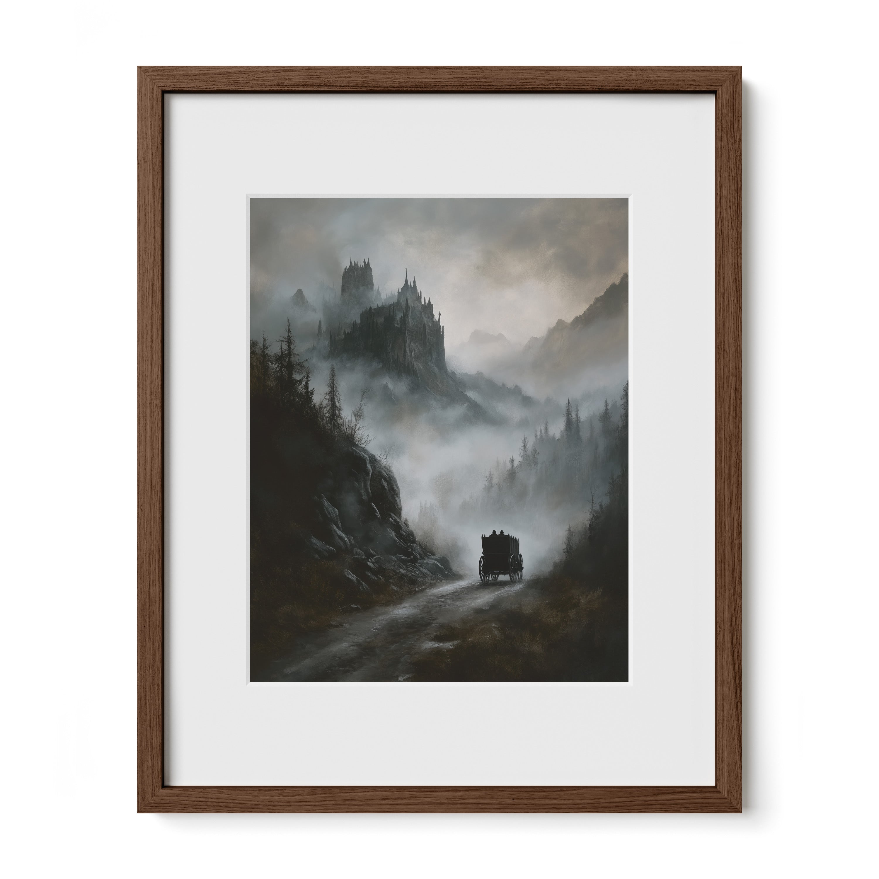 walnut framed vampire castle wall art print with mat