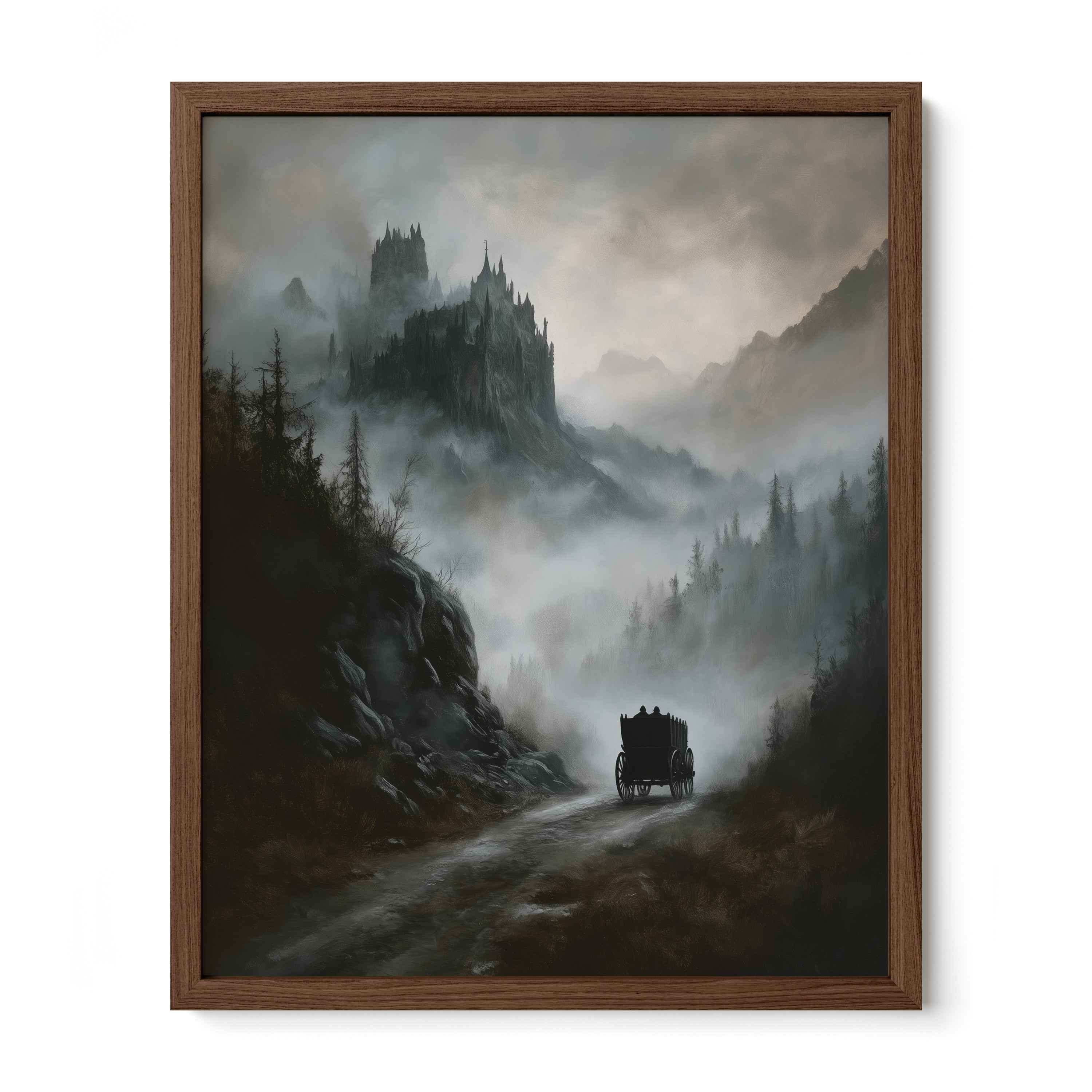 walnut framed gothic horror castle wall art print