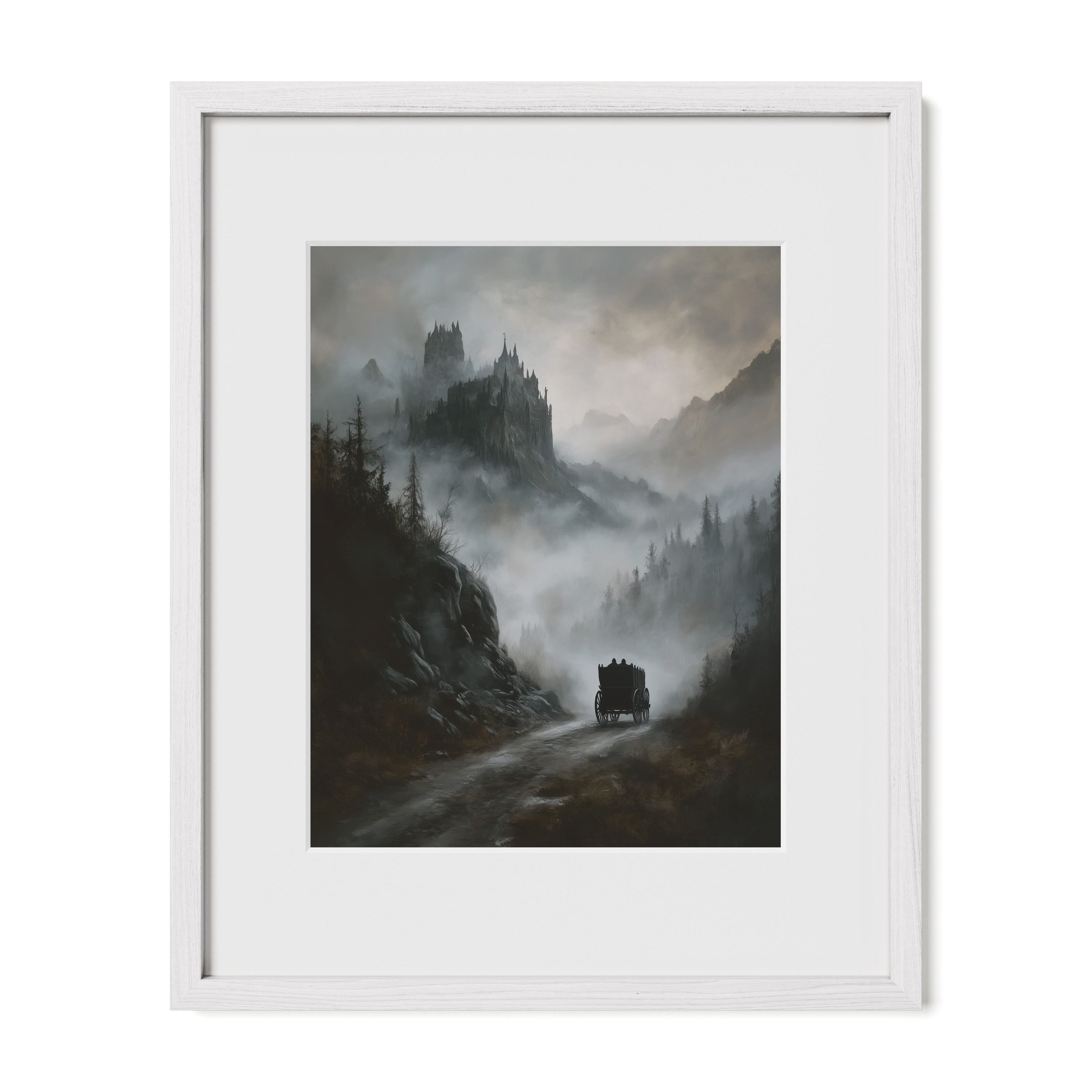 white framed victorian gothic landscape wall art print with mat