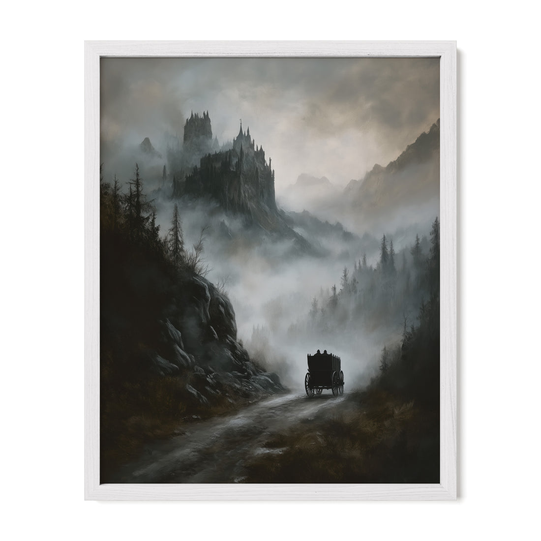 white framed misty gothic castle wall art print