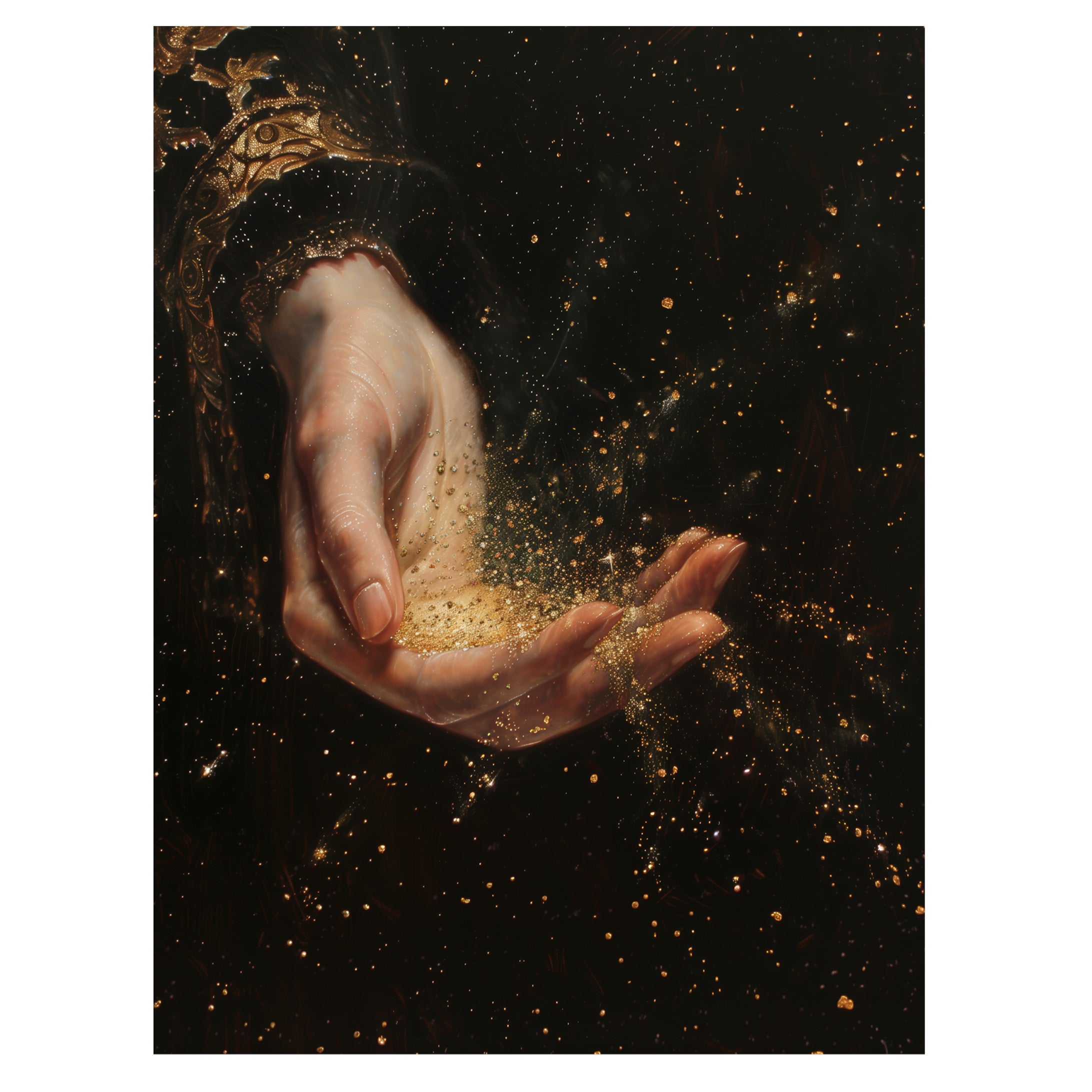 gothic mystical hand wall art print with pale hand releasing golden dust