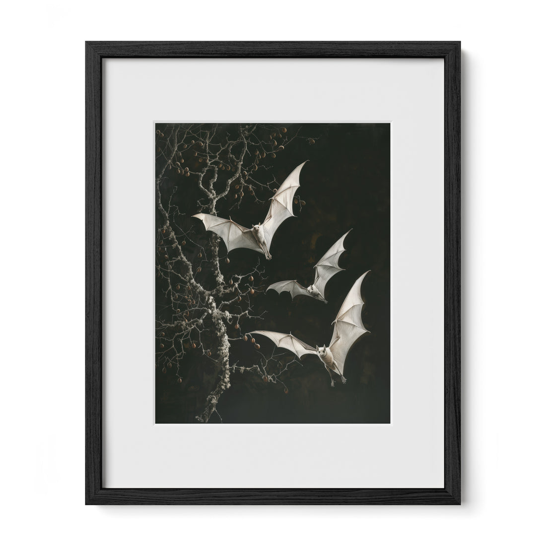 black framed nocturnal bat wall art print with mat