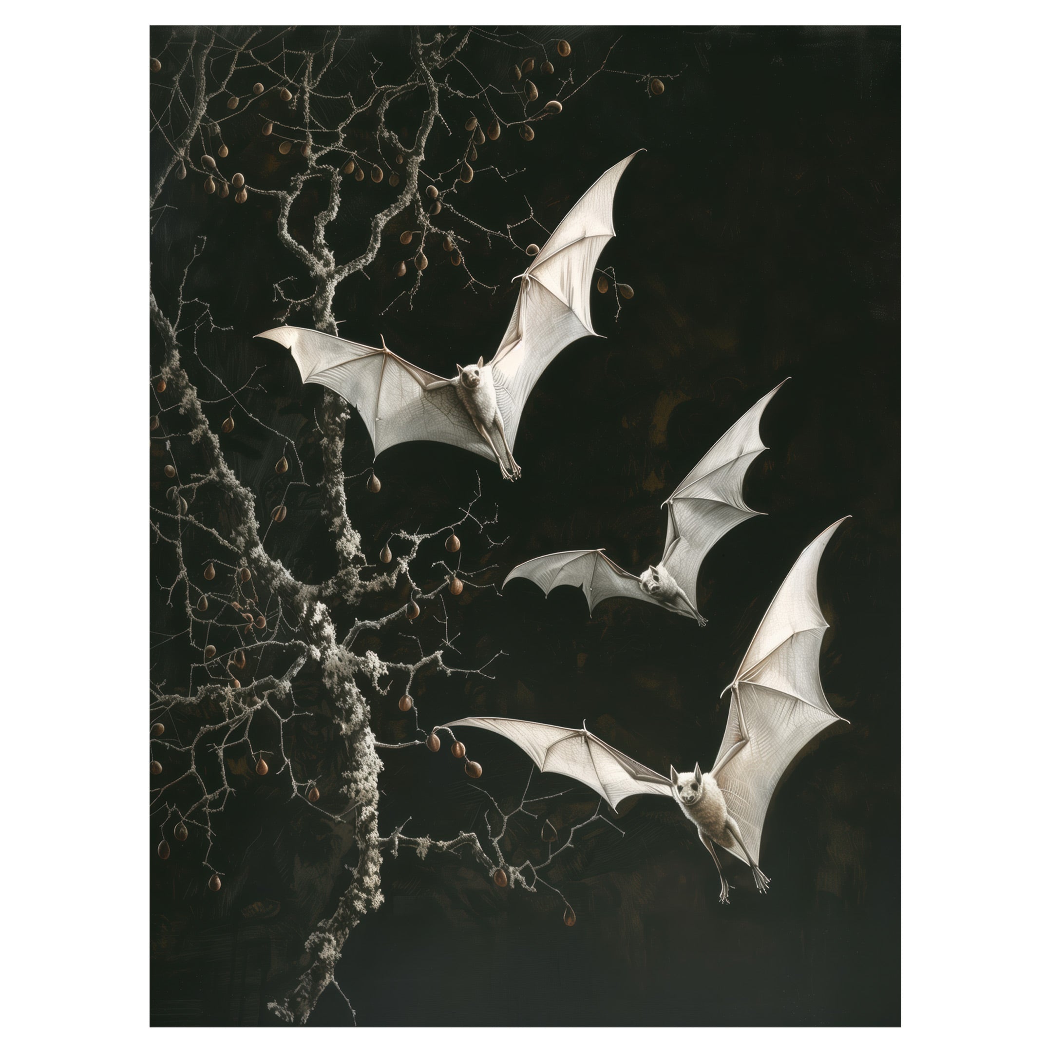 gothic bat wall art print with pale albino bats flying through dark branches
