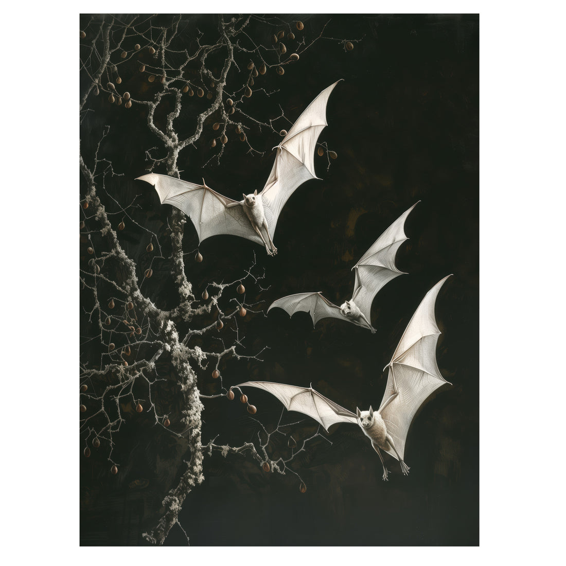 gothic bat wall art print with pale albino bats flying through dark branches