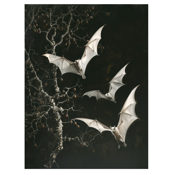 gothic bat wall art print with pale albino bats flying through dark branches