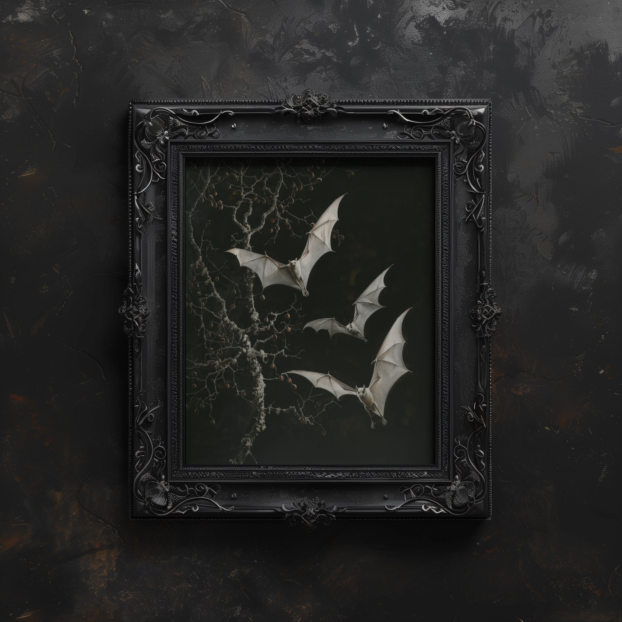ornate black framed gothic bat wall art print