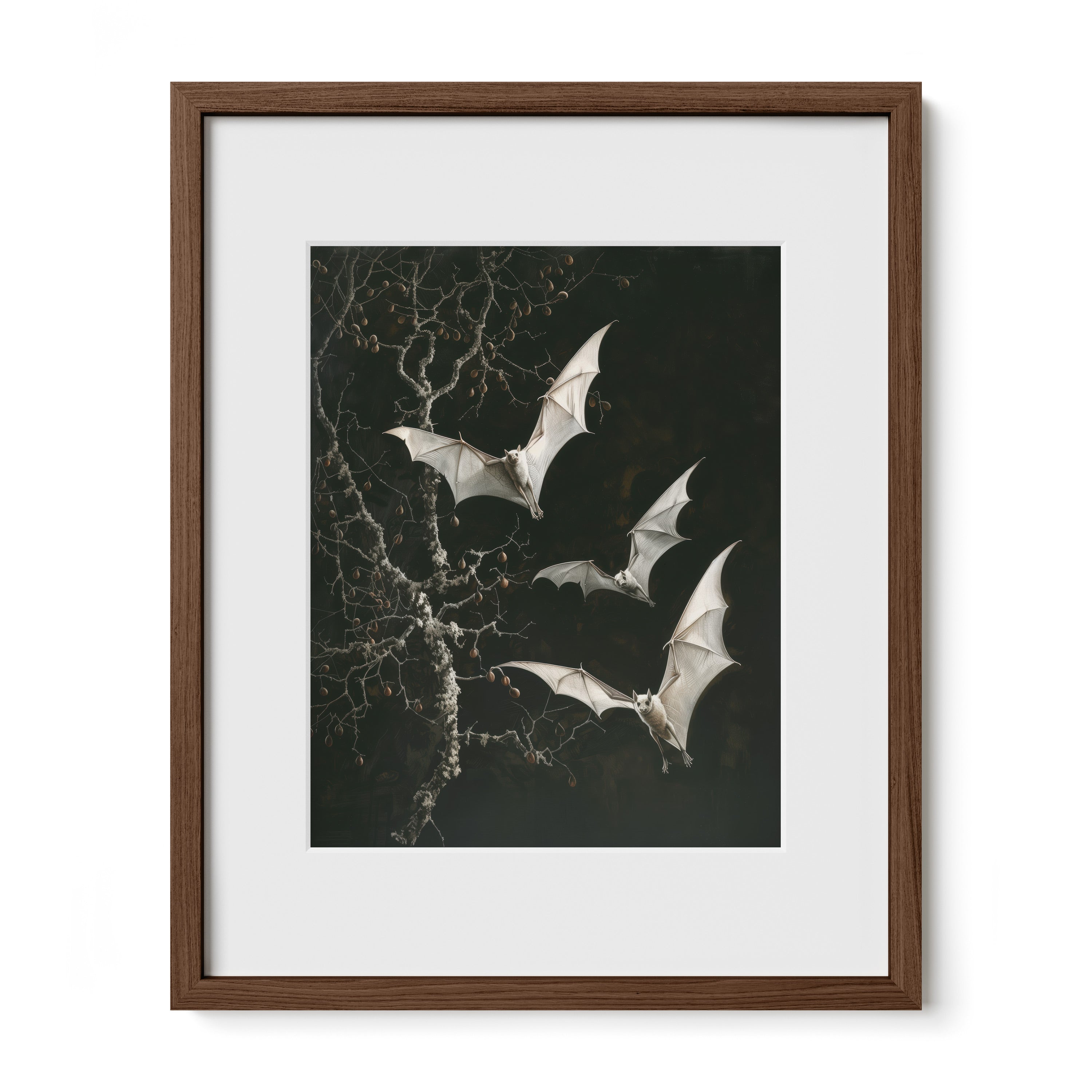 walnut framed witchy bat wall art print with mat