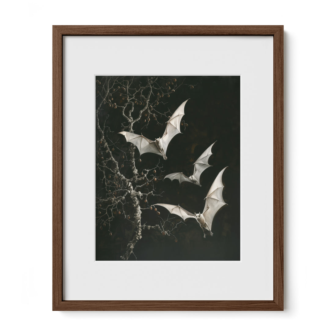 walnut framed witchy bat wall art print with mat