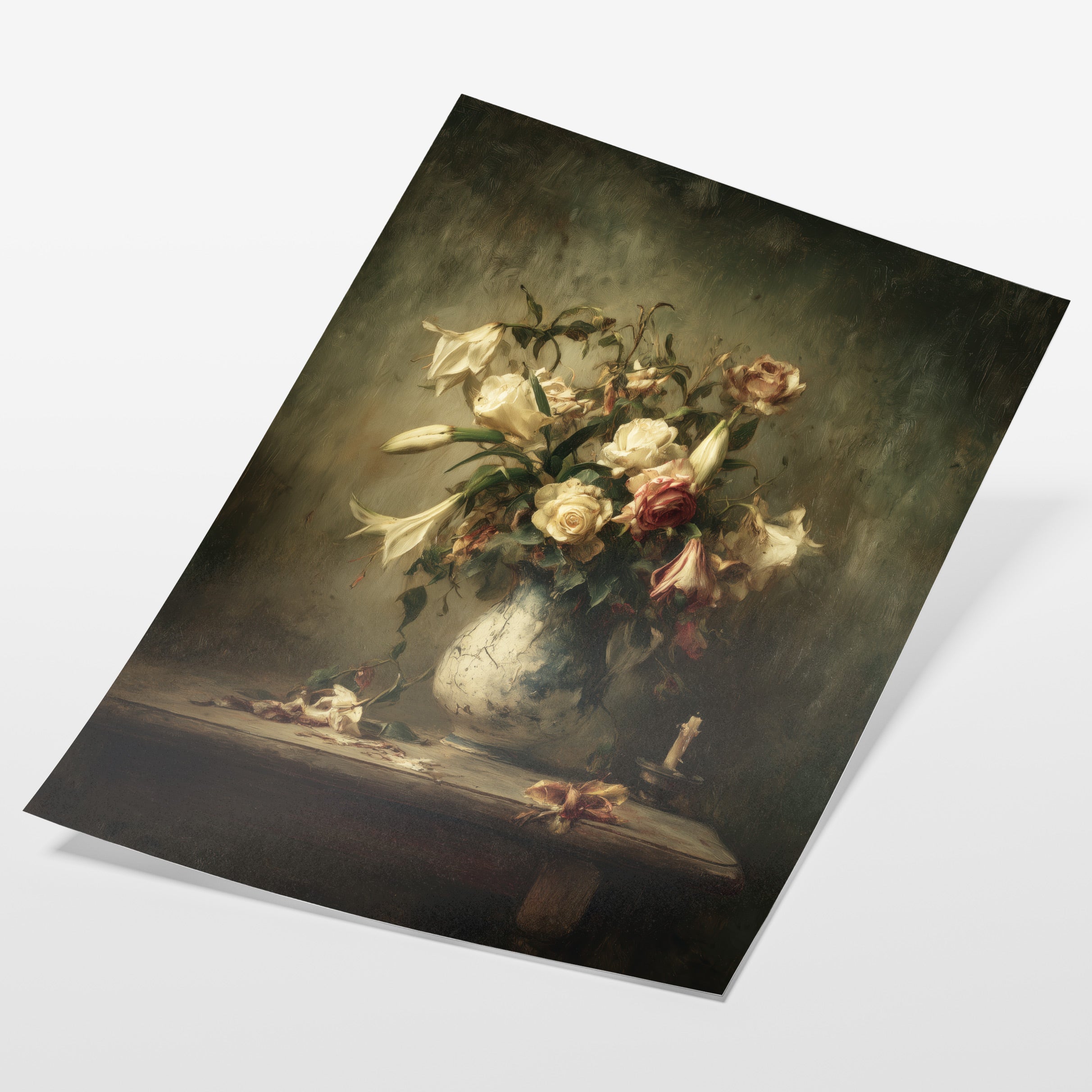 angled view of romantic floral still life fine art print