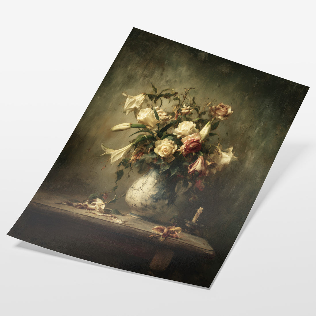 angled view of romantic floral still life fine art print