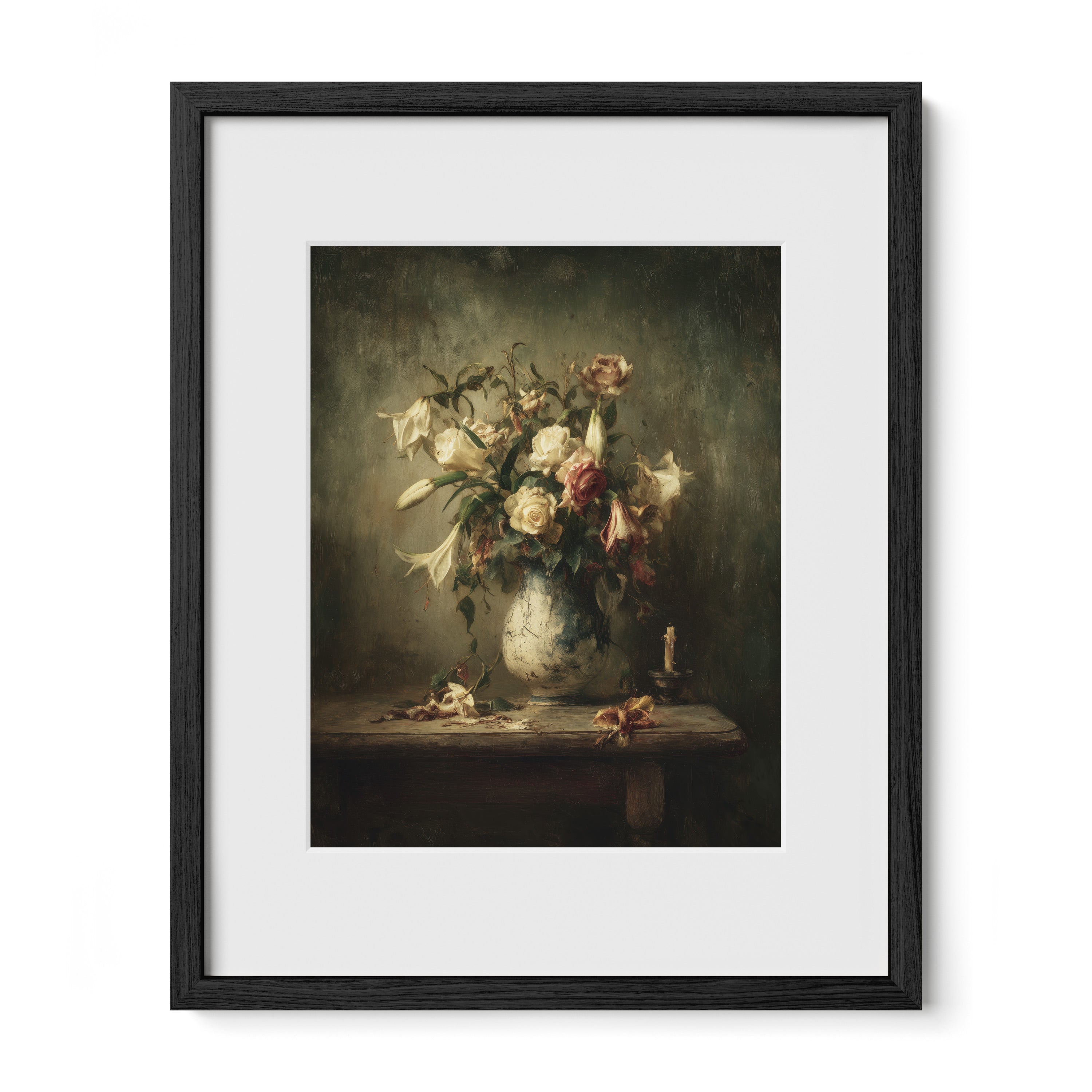 black framed pale roses wall art print with mat