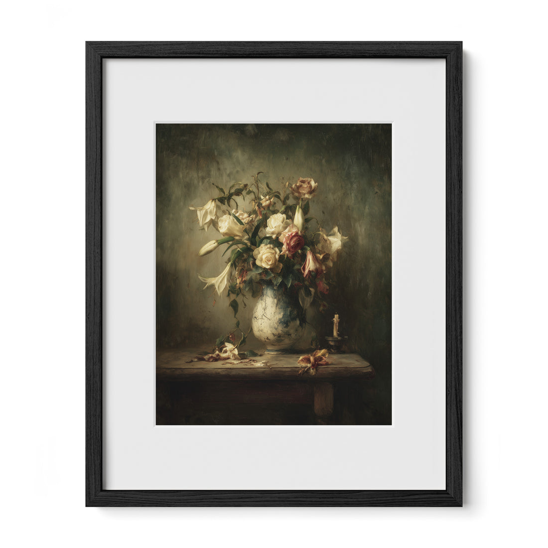black framed pale roses wall art print with mat