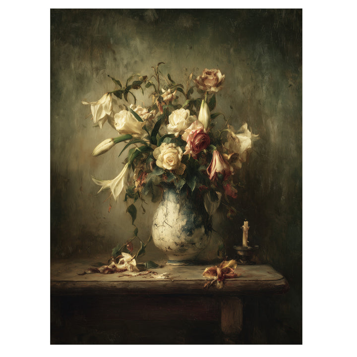 romantic floral still life wall art print with pale roses arranged in vintage vase