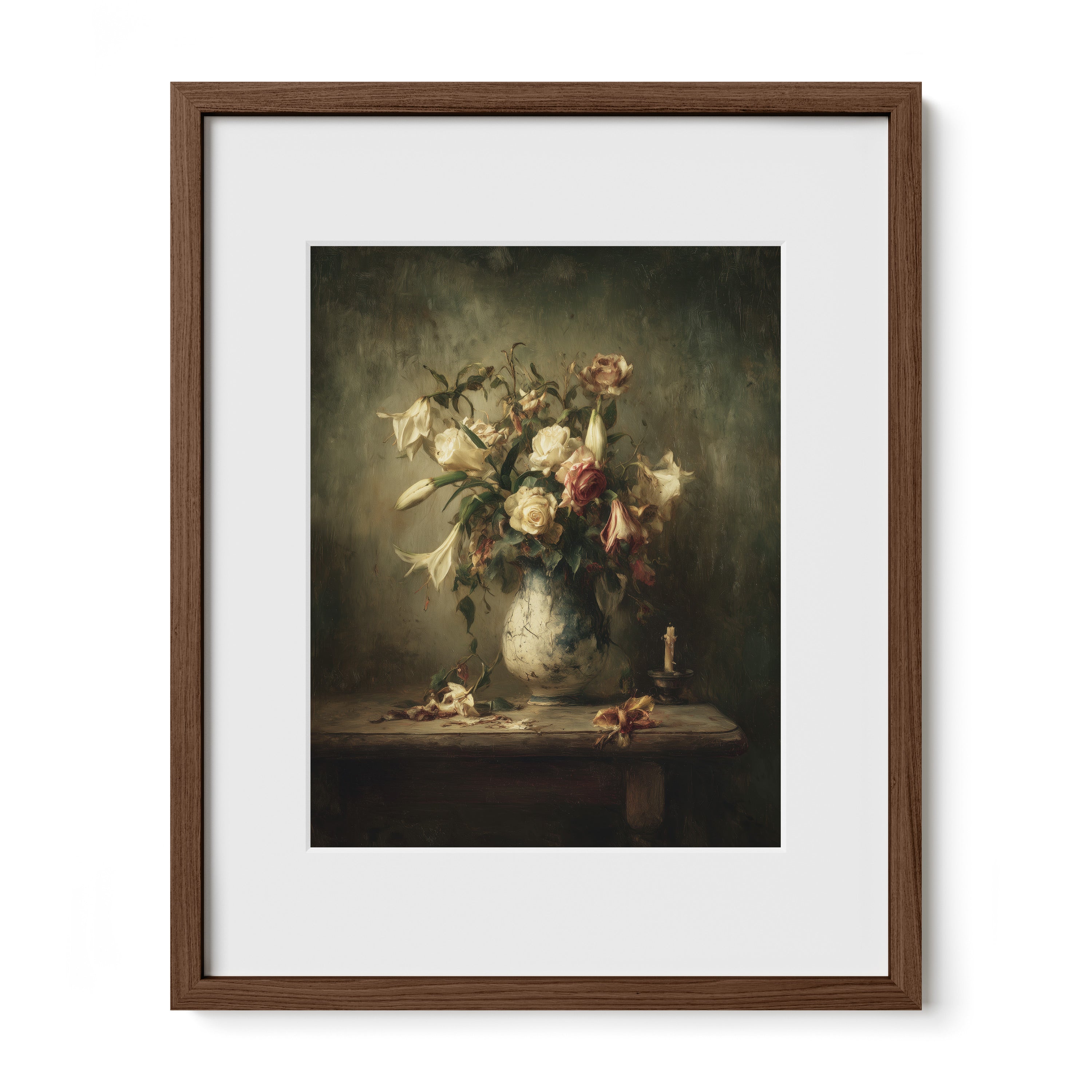 walnut framed floral rose still life wall art print with mat