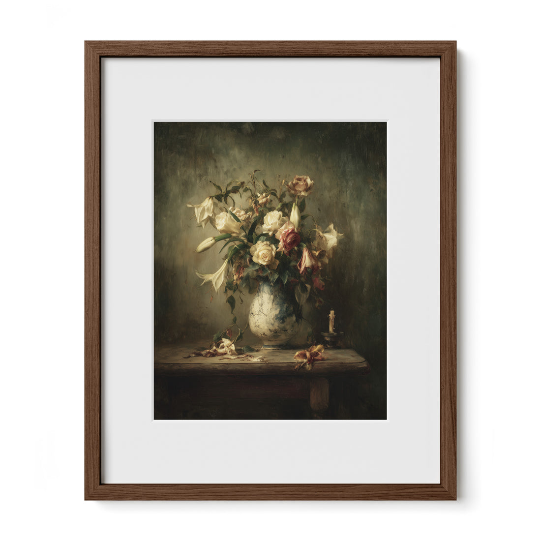 walnut framed floral rose still life wall art print with mat