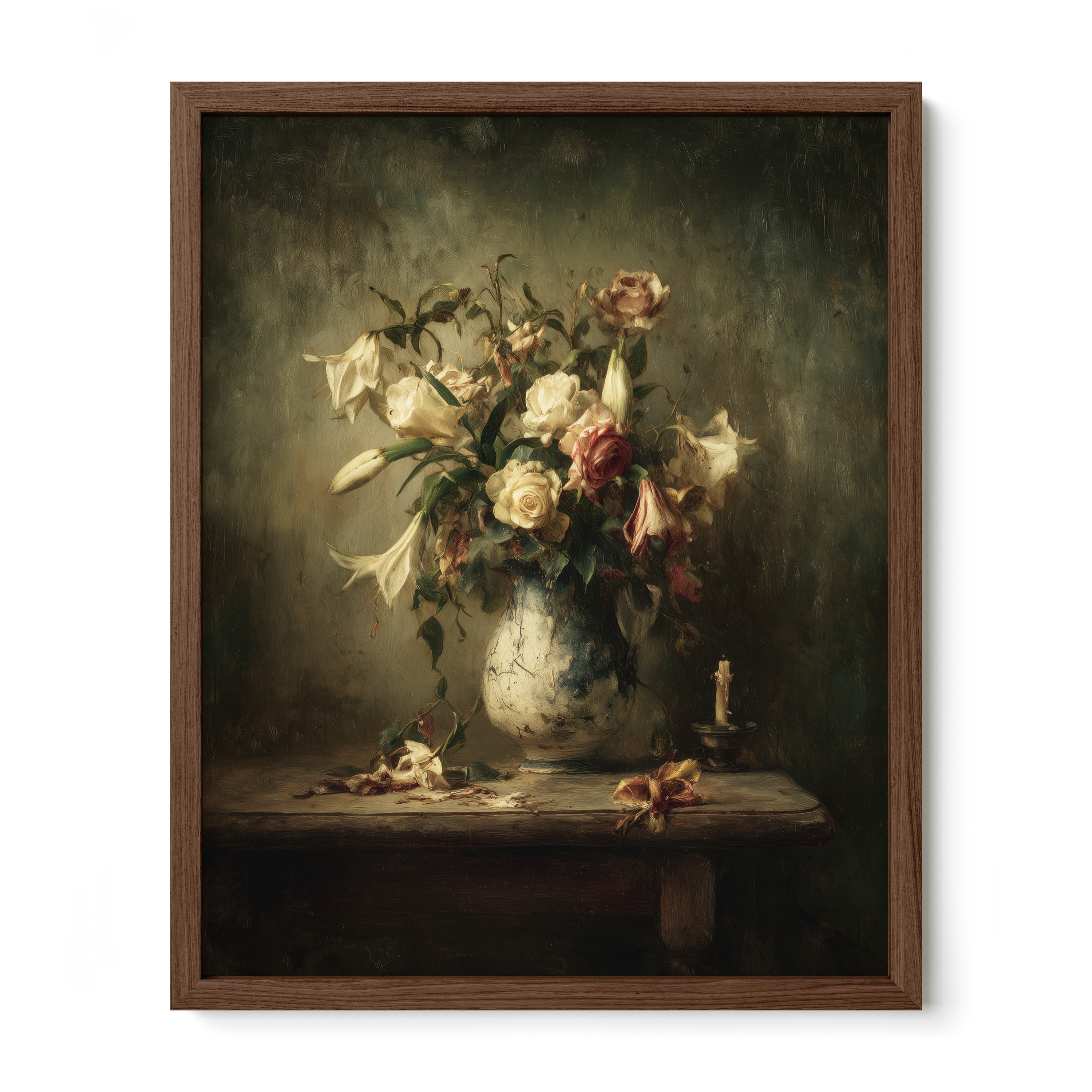 walnut framed romantic botanical wall art print