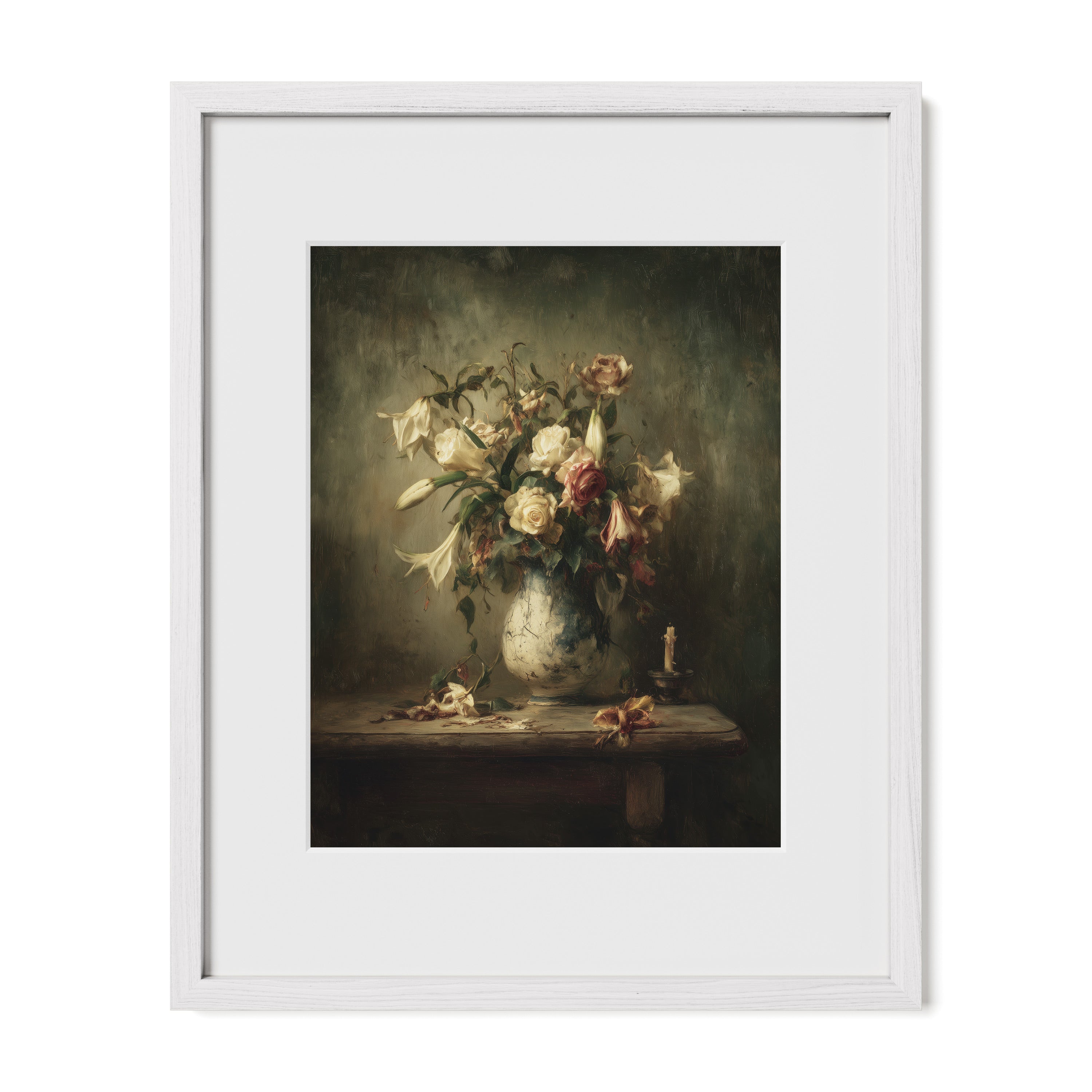 white framed botanical rose wall art print with mat