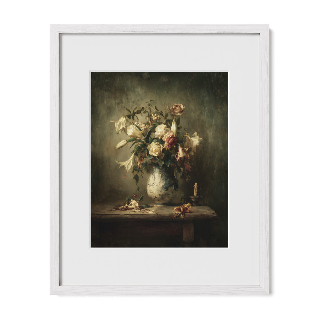 white framed botanical rose wall art print with mat