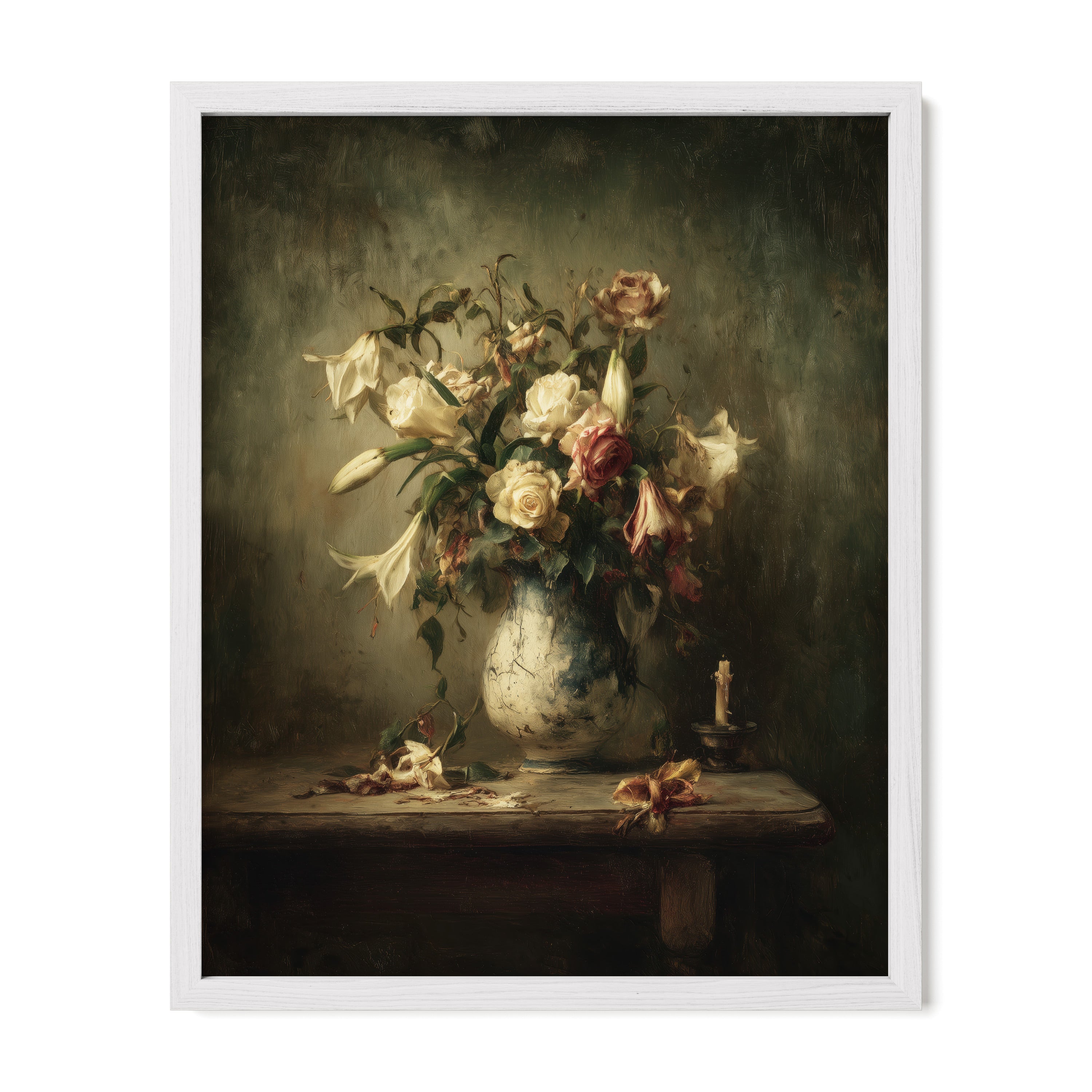 white framed romantic floral wall art print
