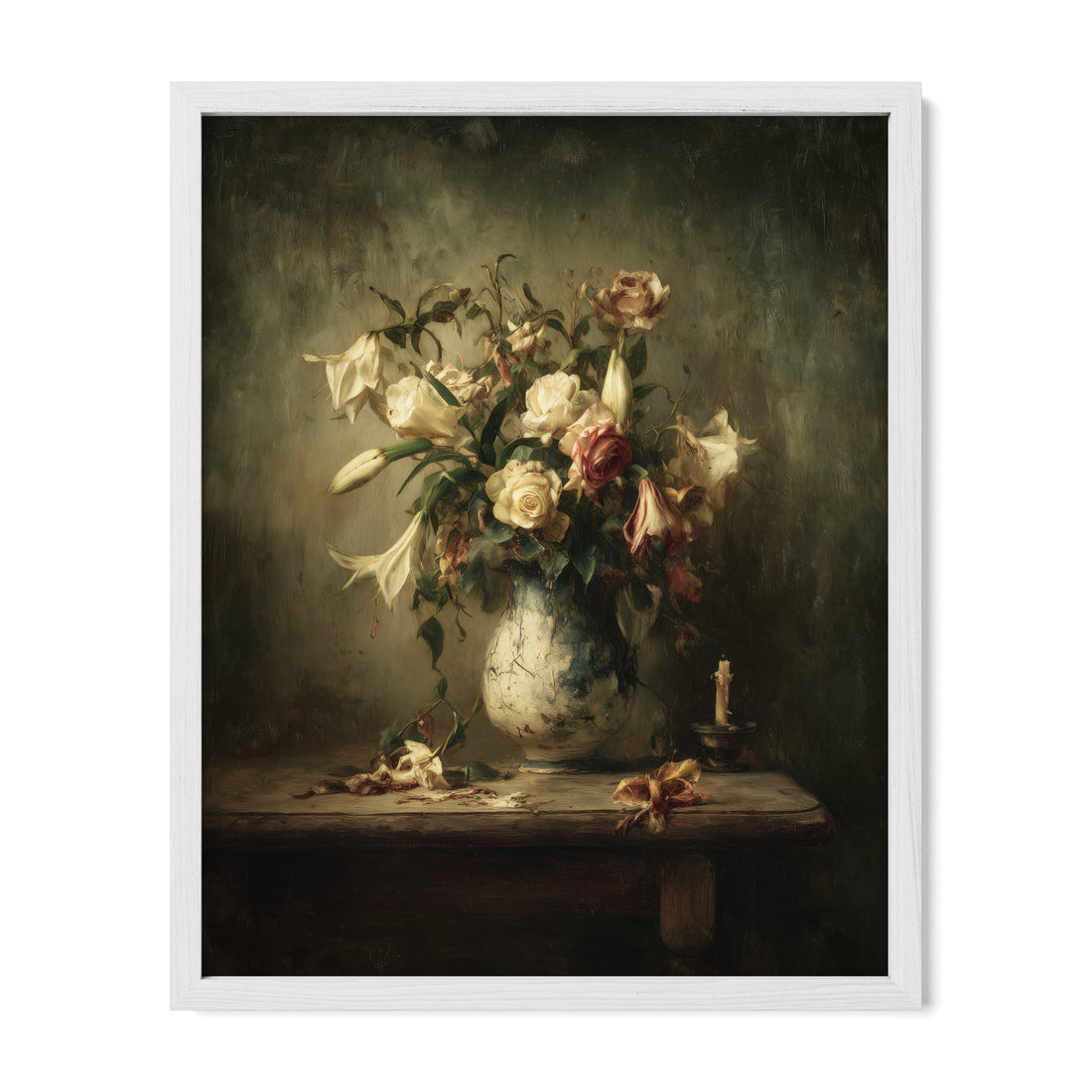 white framed romantic floral wall art print