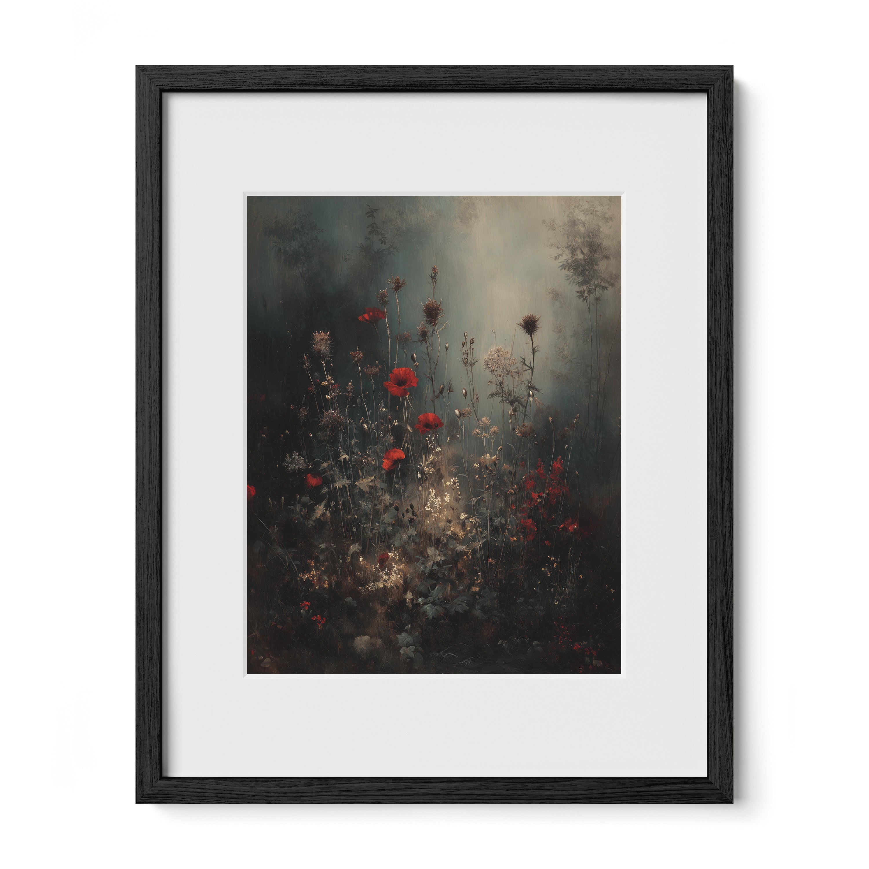 black framed floral meadow wall art print with mat