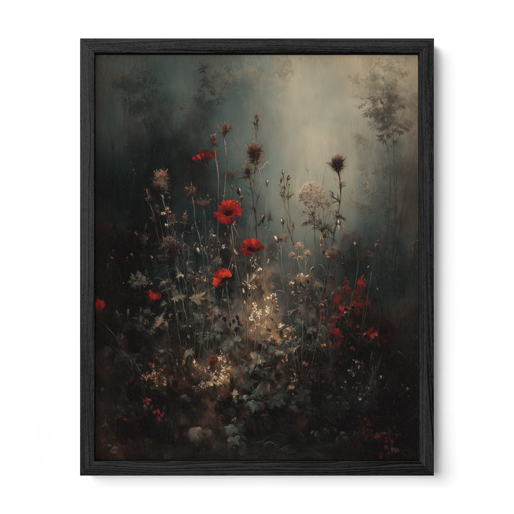 black framed moody botanical meadow wall art print