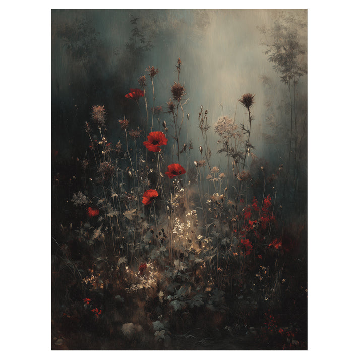 moody botanical meadow wall art print with wildflowers rising through pale fog